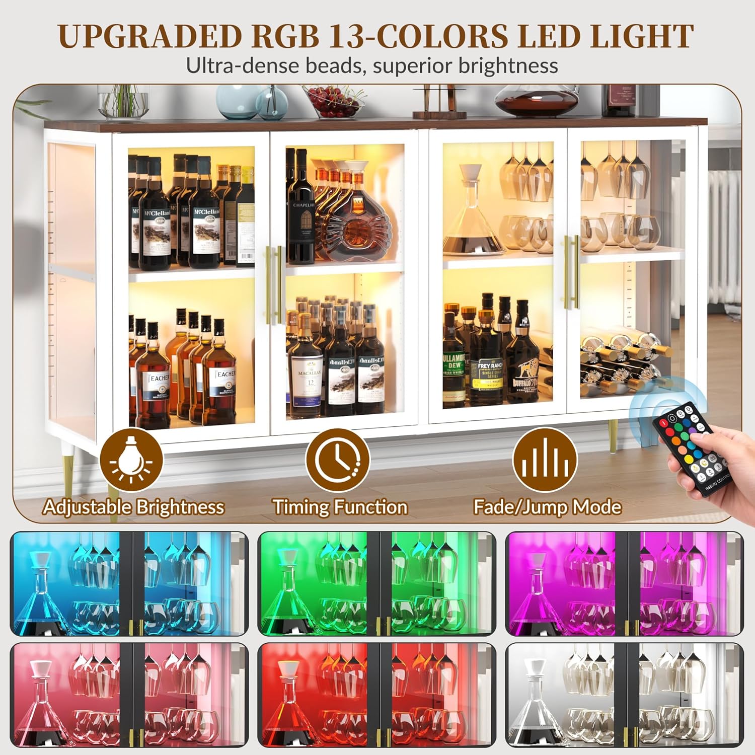 Glass Sideboard Buffet Cabinet with LED Lights, Metal & Wood Modern Storage Cabinet with 4 Glass Doors, Adjustable Shelves, Coffee Bar Cabinet for Kitchen, Living Room, Dining Room, Entrance, White