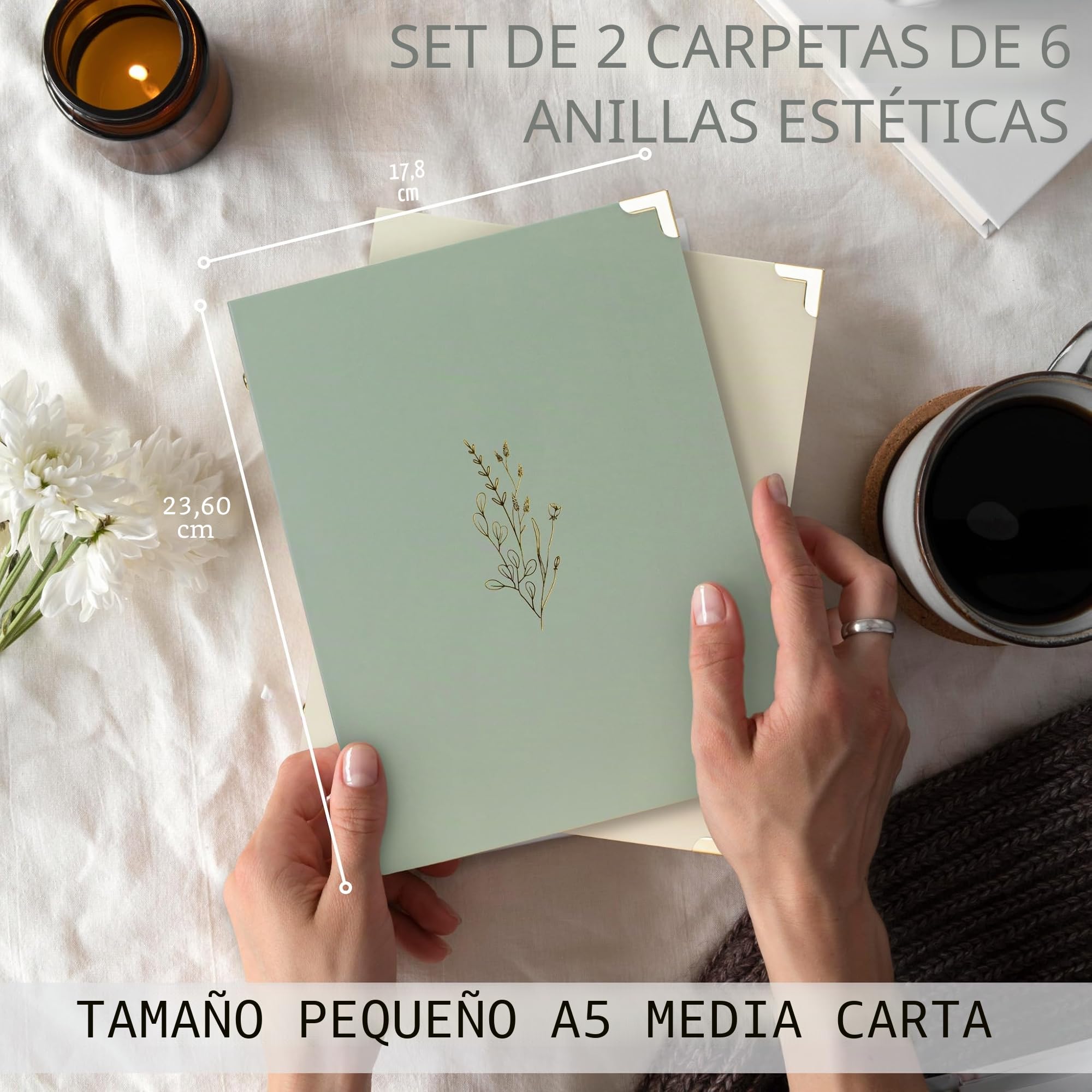 Juego de 2 carpetas estéticas A5 de 6 anillas, la carpeta pequeña perfecta de 0.75 pulgadas para diarios o colecciones, carpeta recargable con bolsillo