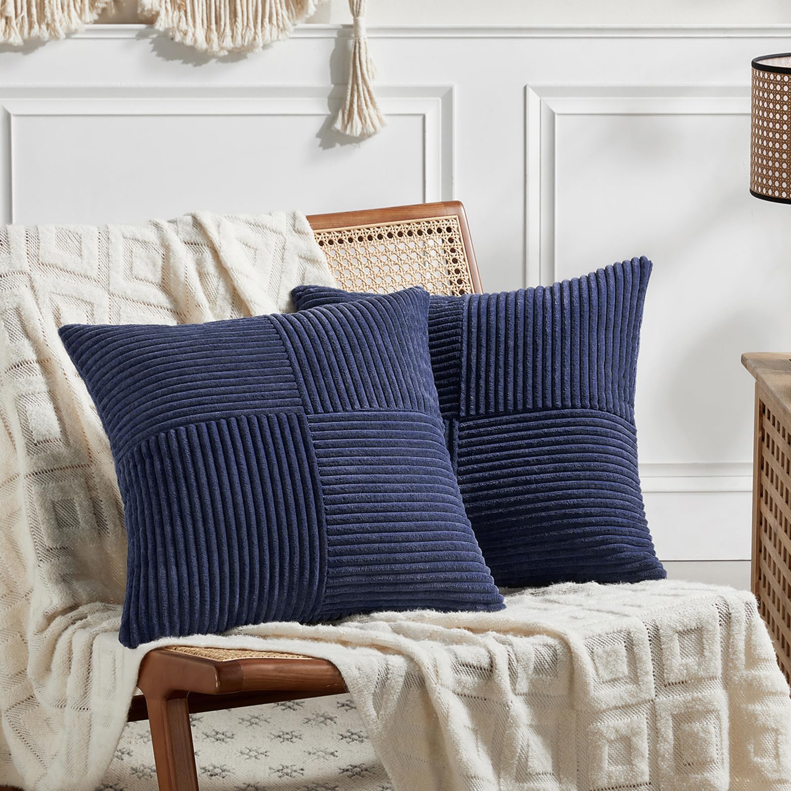 FDTERN Decorative Throw Pillow Covers 26 x 26 Inch for Living Room Couch Bed, Rustic Farmhouse Boho Home Decor, Soft Striped Corduroy Accent Cushion Covers, 65 x 65 cm (Pack of 2), Navy Blue — image 1