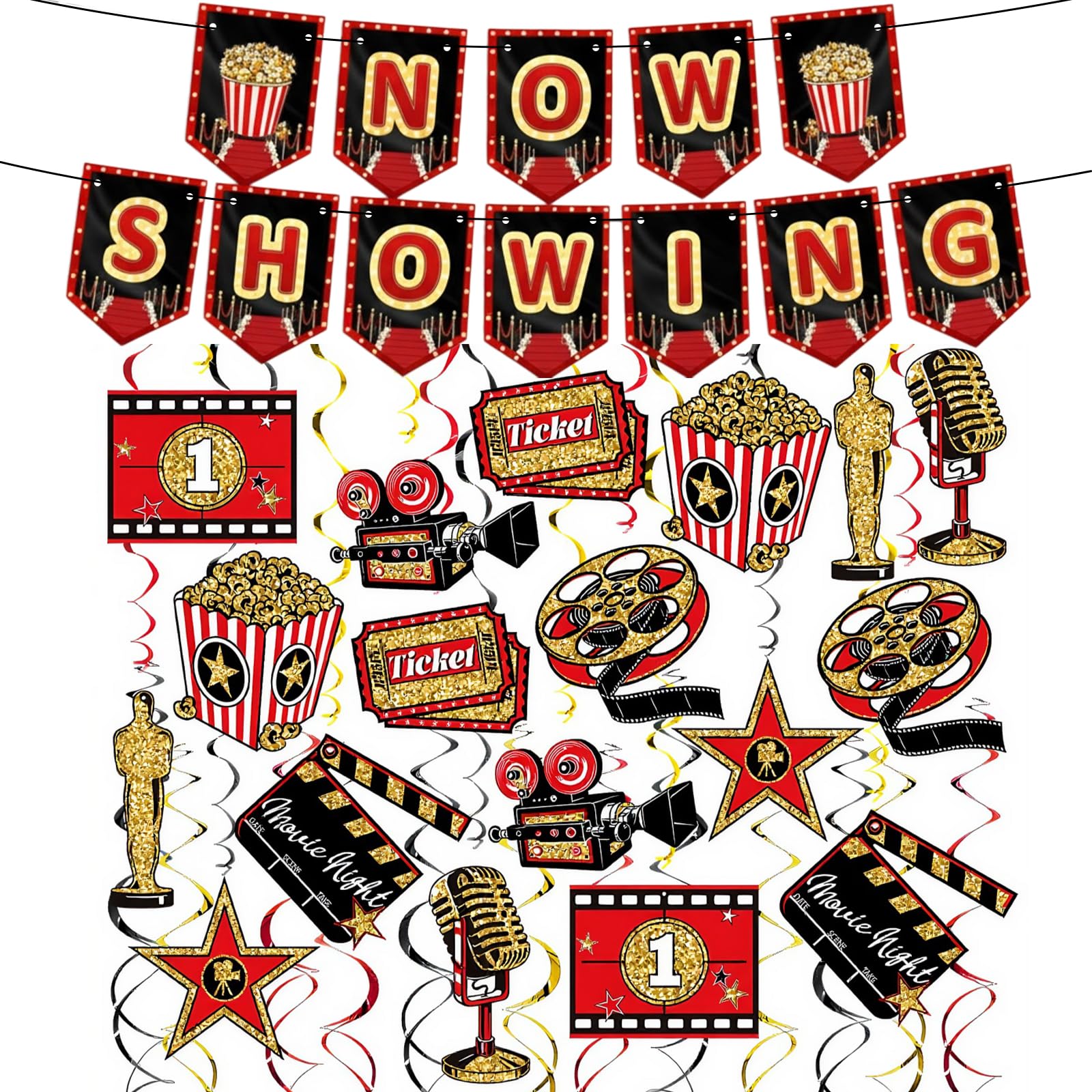 Kaiyzo Movie Night Accessories, Cinema Room Decorations, Hollywood Party Hanging Swirls, Theater Theme Banner Set, 60 Pieces