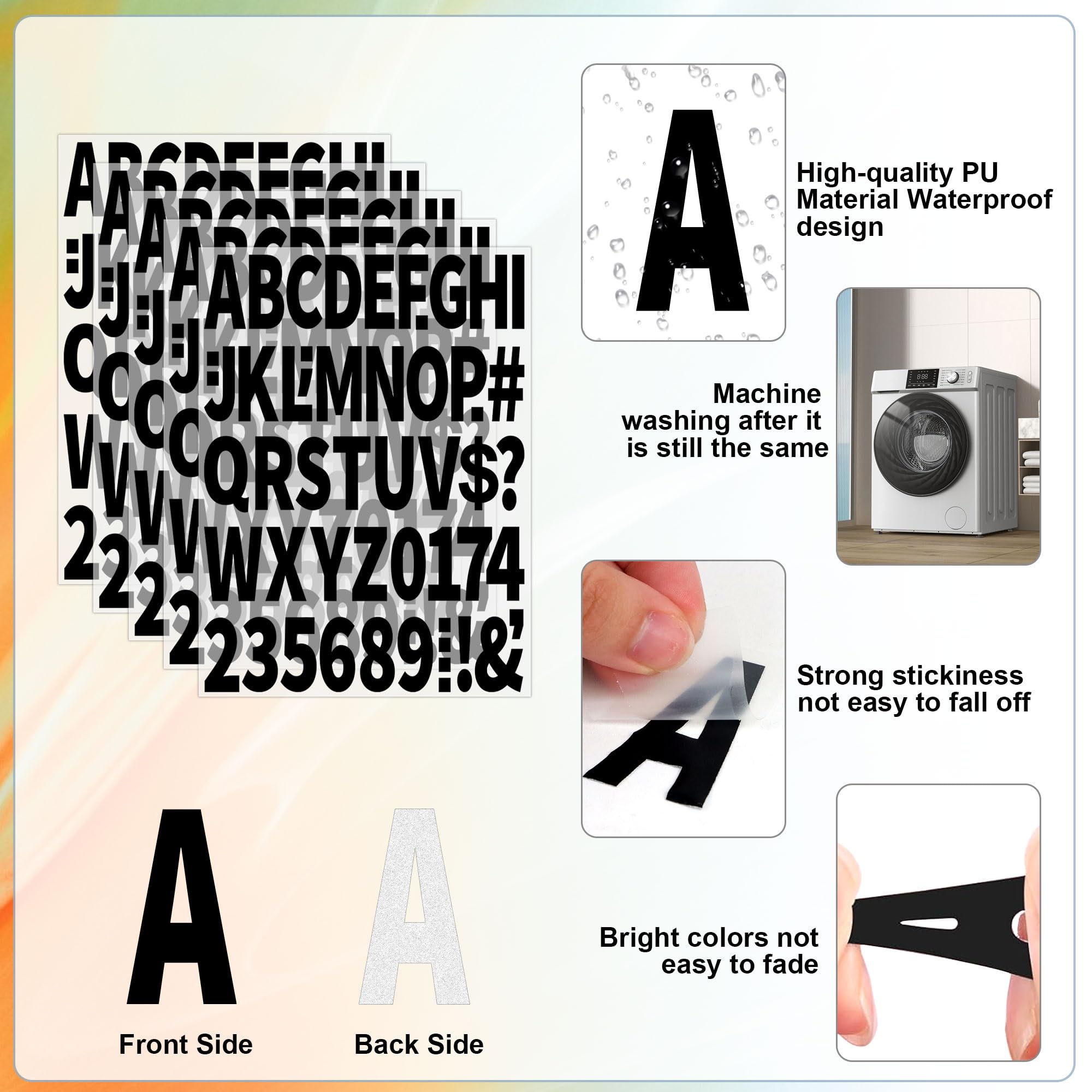 12 hojas de 612 letras y números para planchar para ropa, letras de vinilo para planchar de 2 pulgadas con letras de transferencia de calor de poliuretano, de la A a la Z y números del alfabeto para