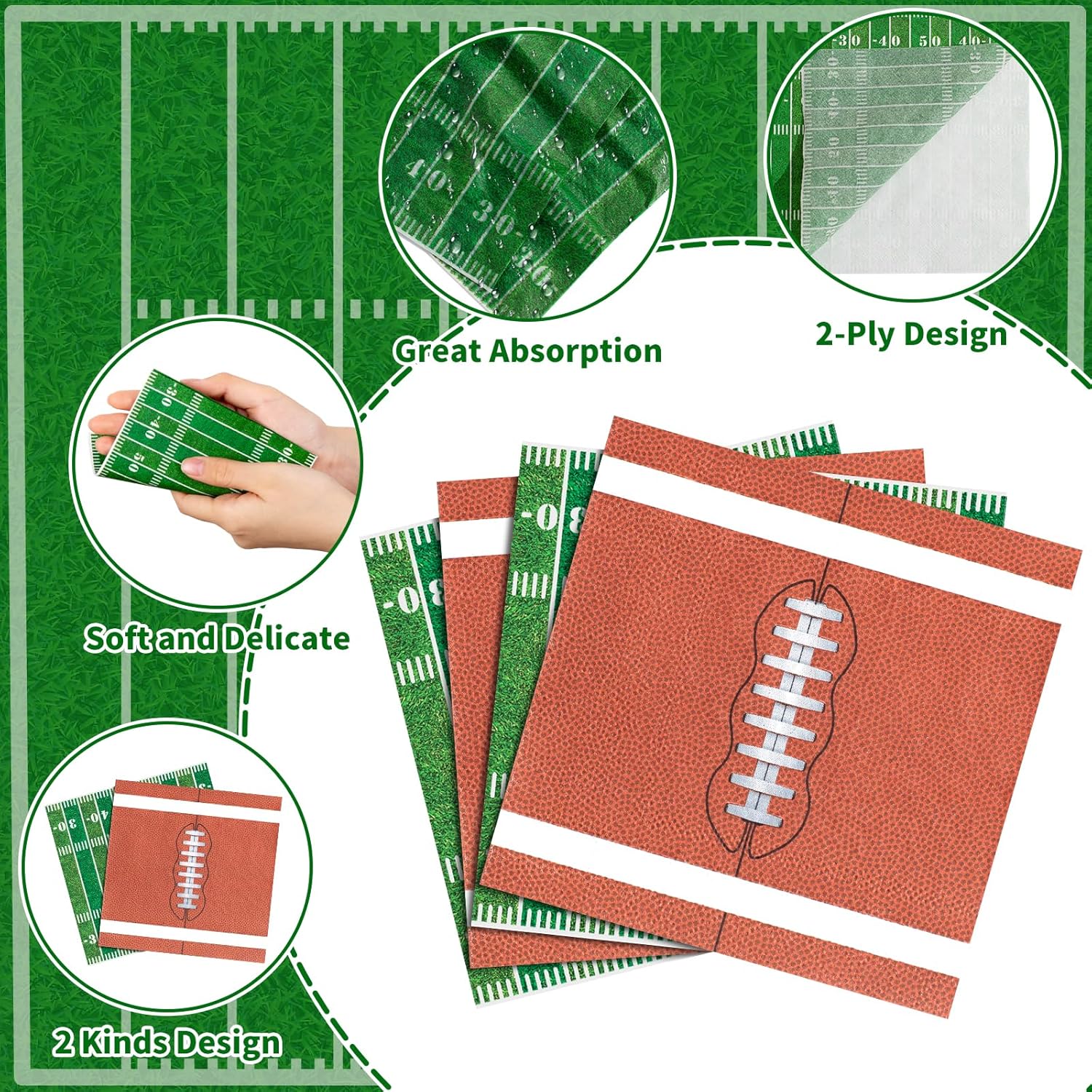 100 Pcs Football Napkins, 2-Ply Disposable Football Birthday Party Decorations 2 Styles Footballs Paper Cocktail Napkins for Tailgate, Sport Events
