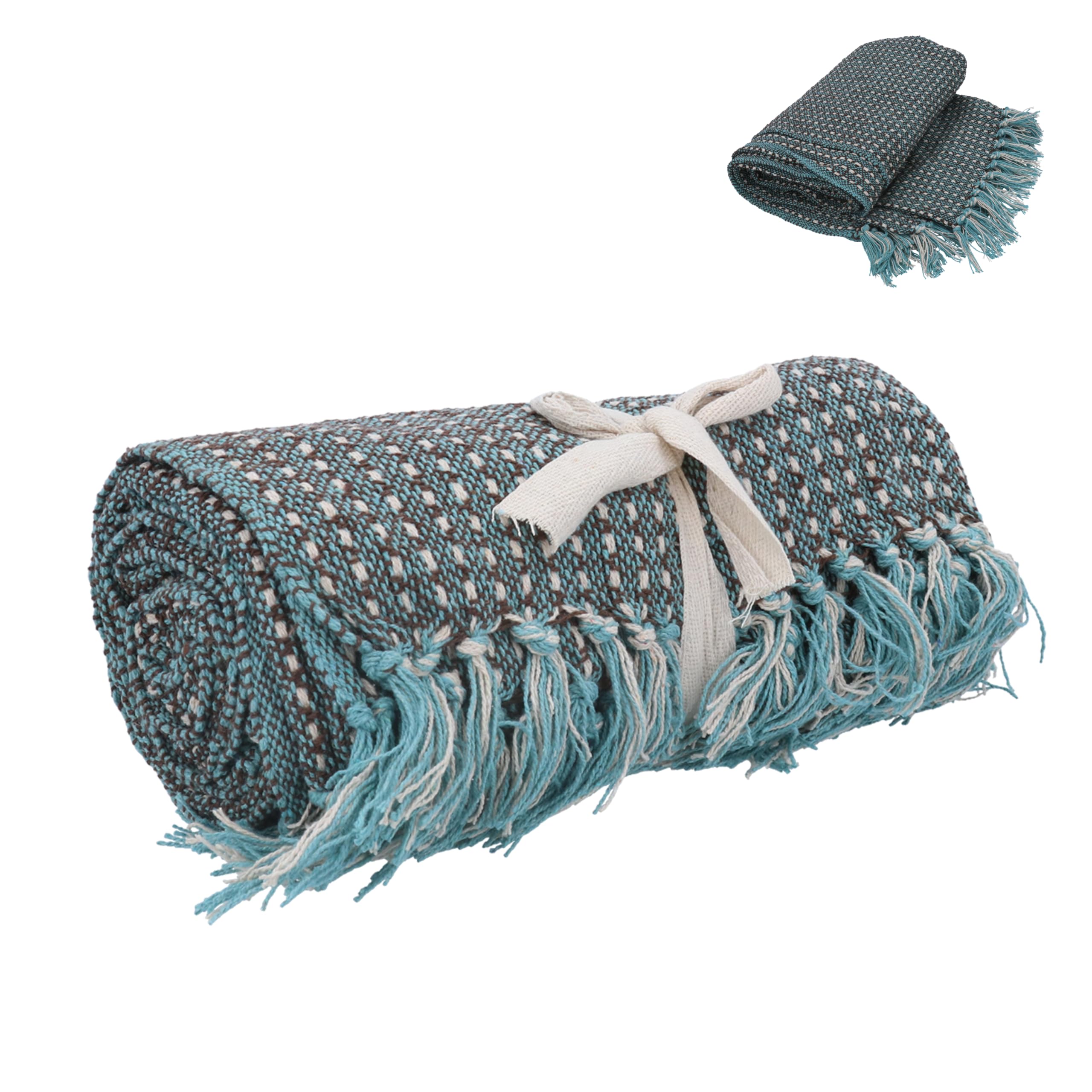 Gisela Graham Teal and Brown Woven Cotton Throw Blanket