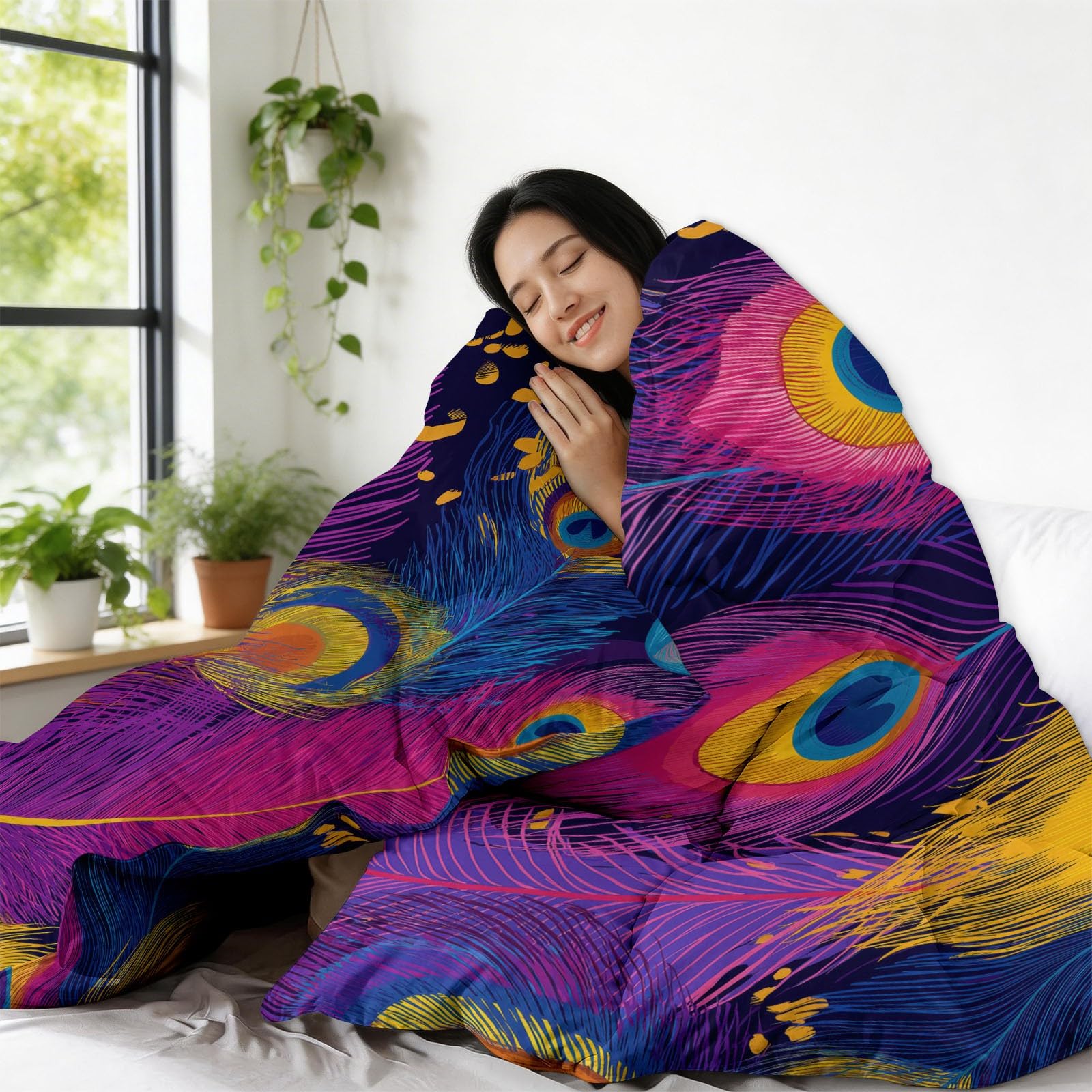 Générique Piumino trapuntato stampato a 4 stagioni, motivo: pavone, piume, 140 x 200 cm, morbido, leggero e caldo, senza copripiumino per 1 persone, Edredon reversibile, per letto matrimoniale e