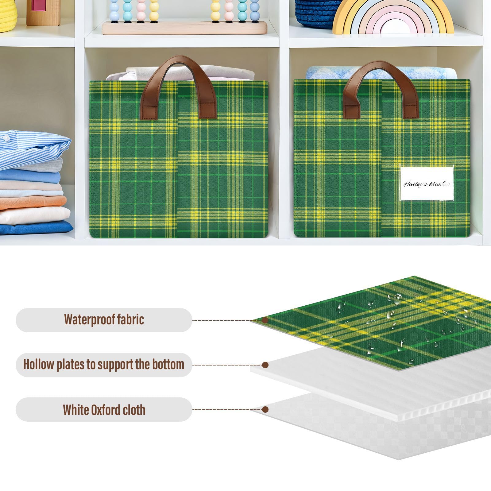 KLL Zielony żółty kosz w kratę do przechowywania z uchwytami organizer pojemniki do przechowywania do sypialni, salonu, łazienki, półek, 2 szt. cajas de almacenamiento para closet