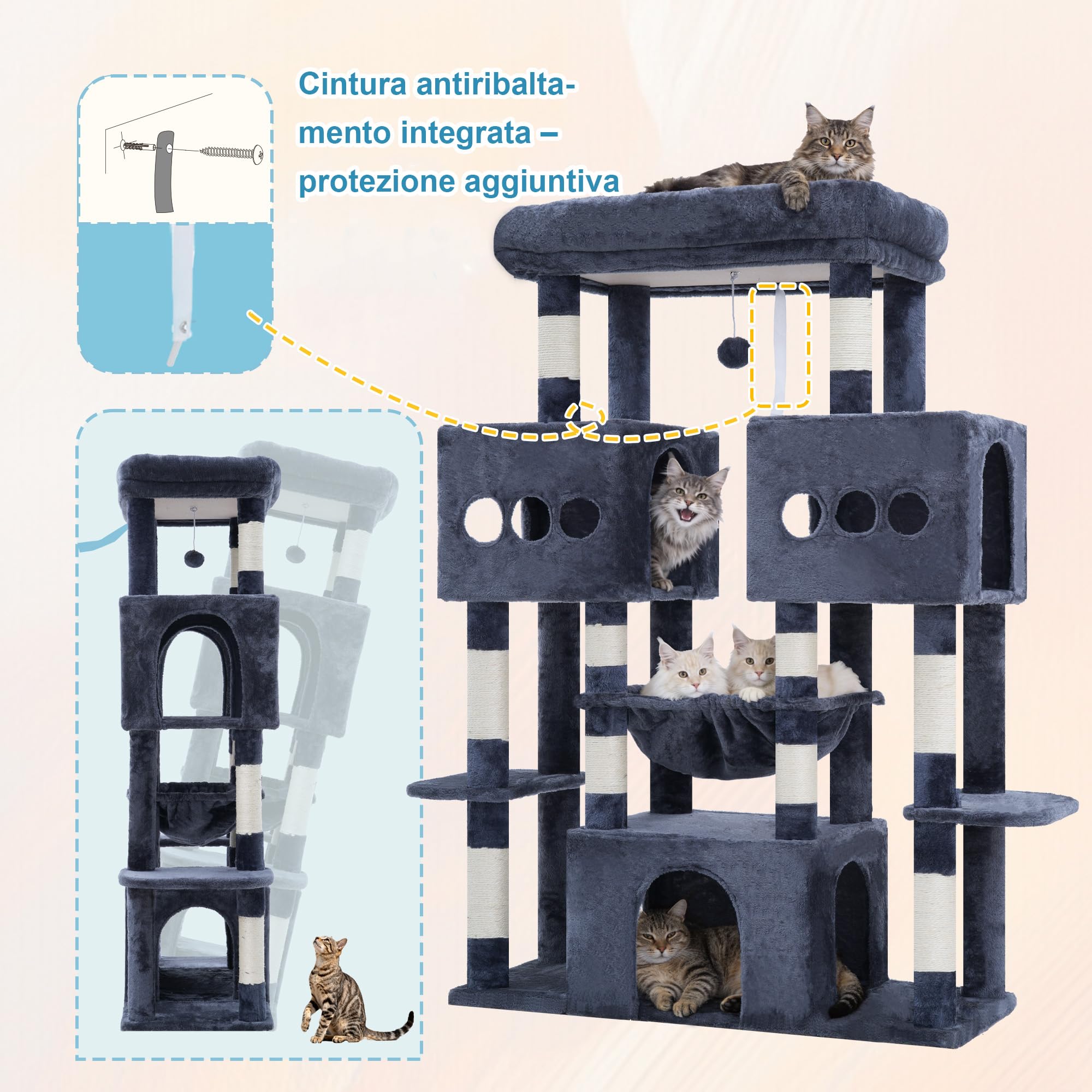 Hey-brother Tiragraffi per Gatti, con Amaca, 3 Cucce grandi, MPJ83G | 144cm Albero per Gatti, Piattaforma spaziosa, Pompon, Ideale per Maine Coon da interno, Grigio Fumo