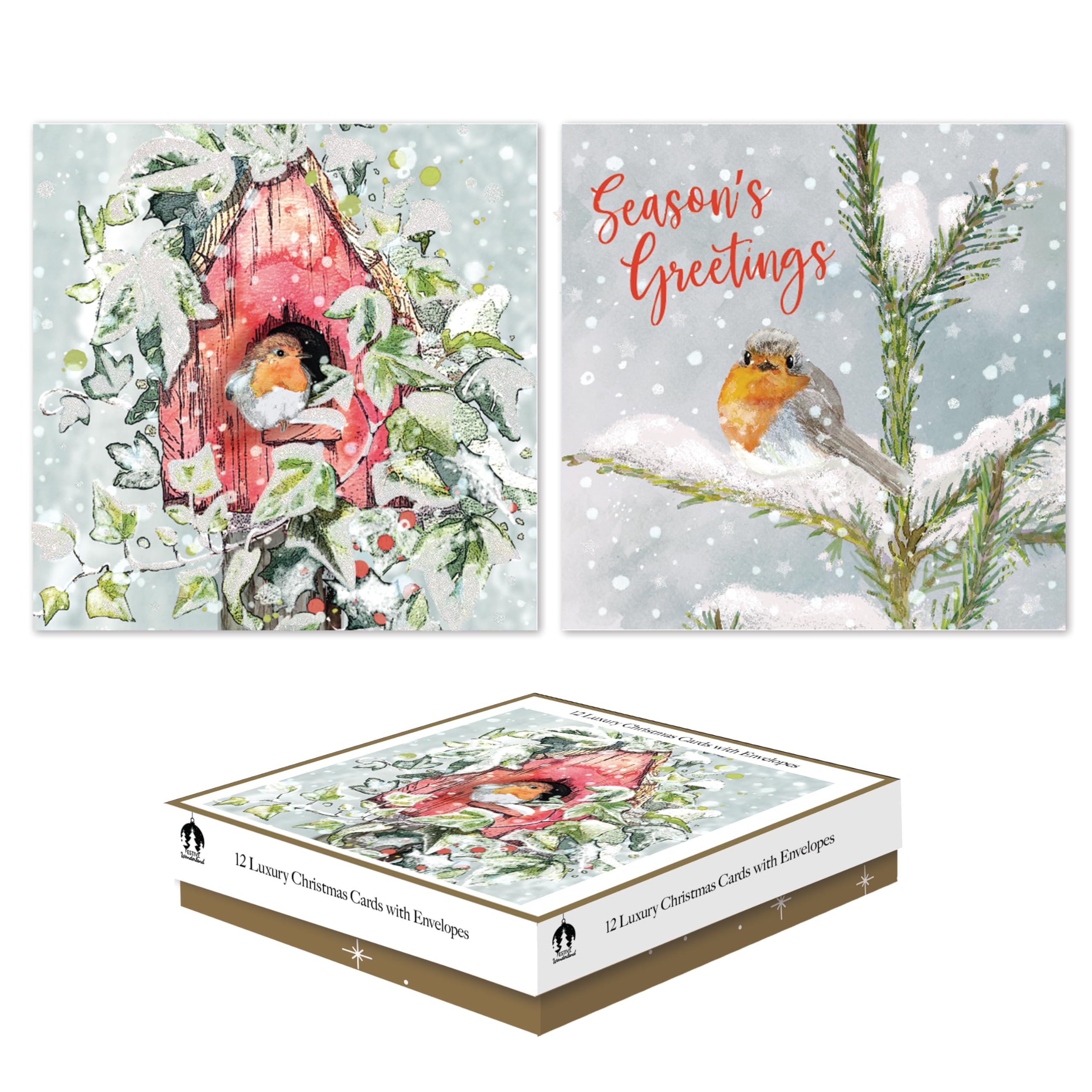 Tallon Box of 12 Luxury Christmas Cards – Square Robin Designs with Envelopes – Traditional Festive Greeting Card Set