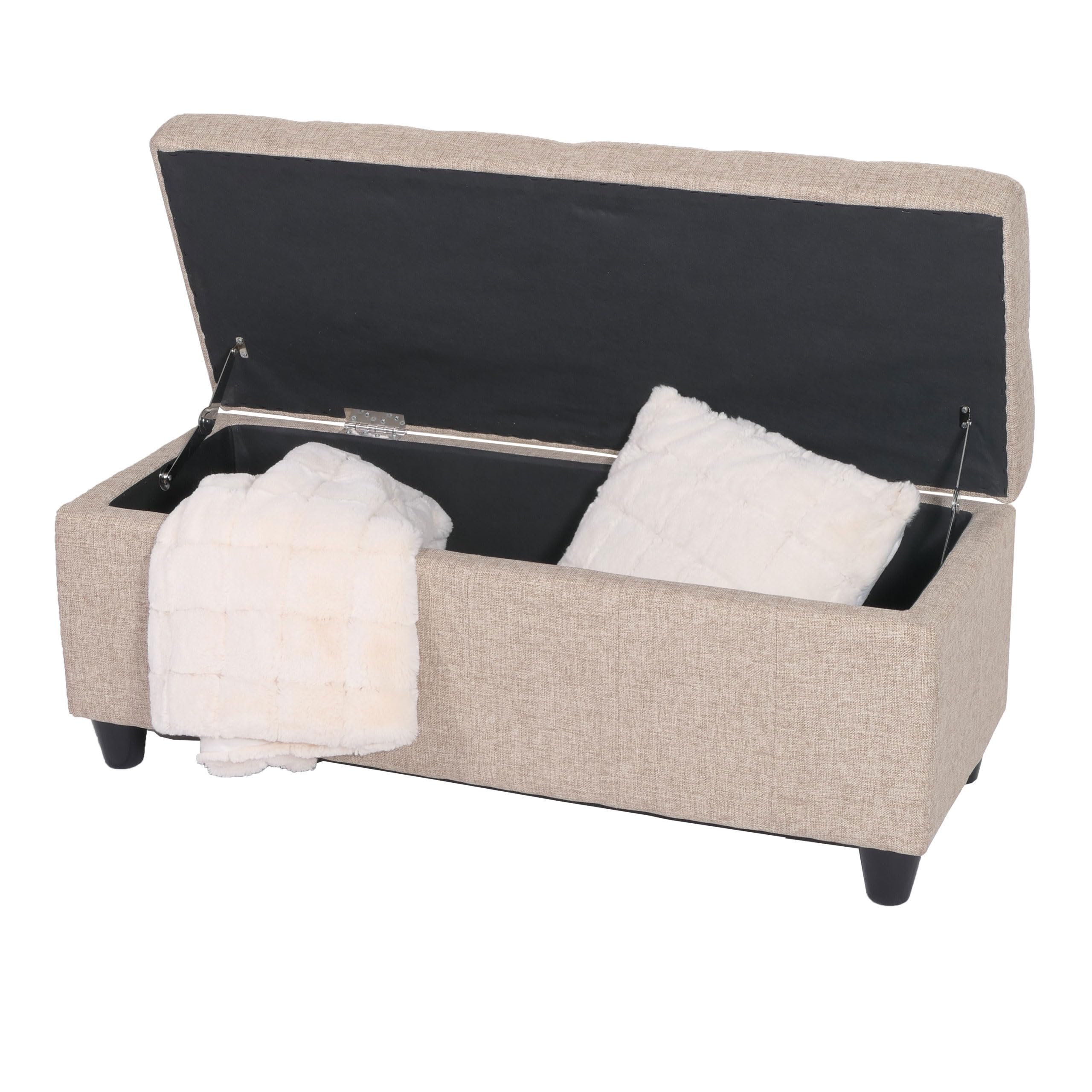 Mendler Aufbewahrungs-Truhe Kriens, Sitzbank Bank, Stoff/Textil, 45x114x45cm FSC®-Zertifiziert - beige