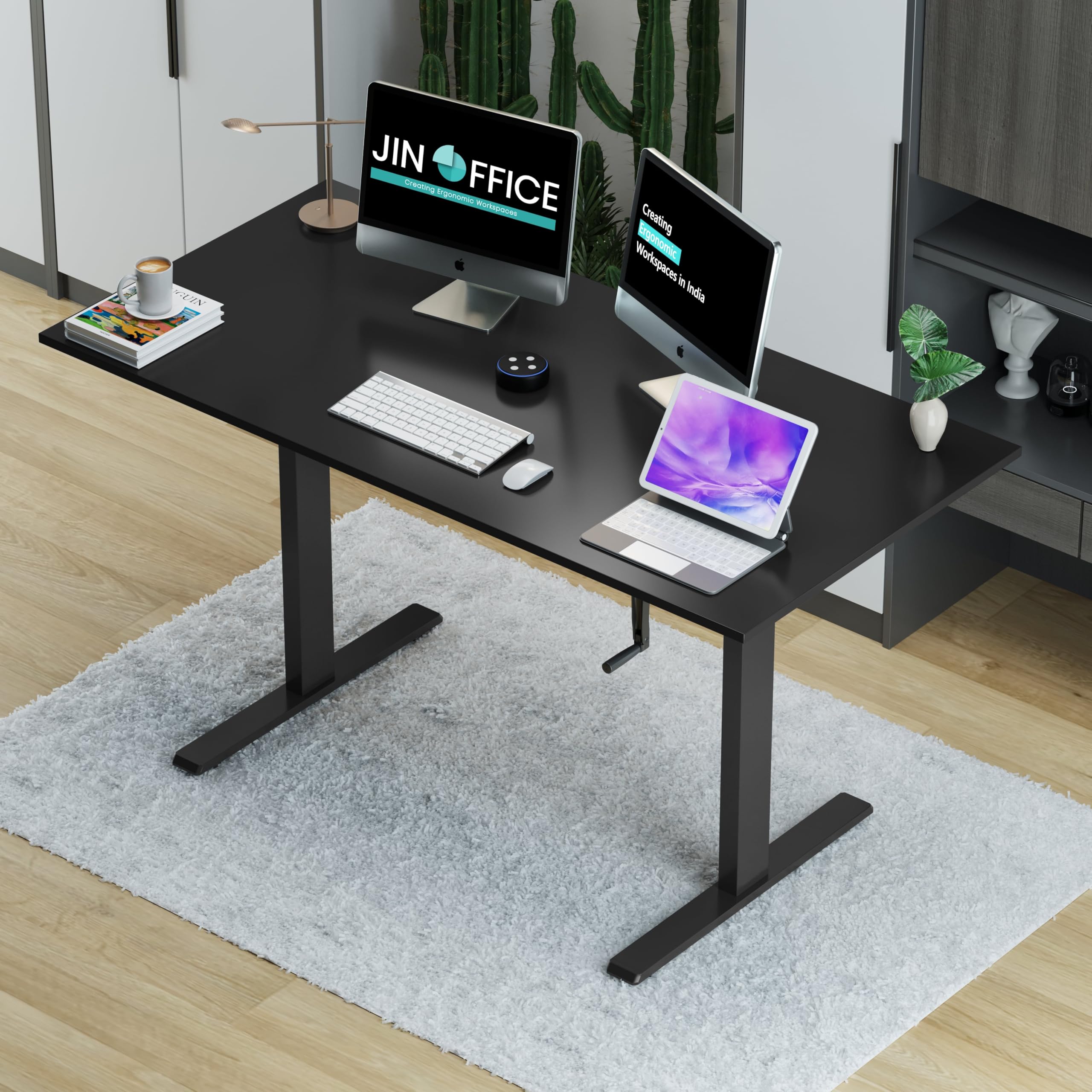 Jin Office Vertex Manual Height Adjustable Table| Adjustable Desk with Hand Crank| Sit Stand Desk| Ergonomic Table for Home Office, 3 Year Warranty,80 Kg Wt. Cap| Black & Black|1200*750mm/ 25MM Thick