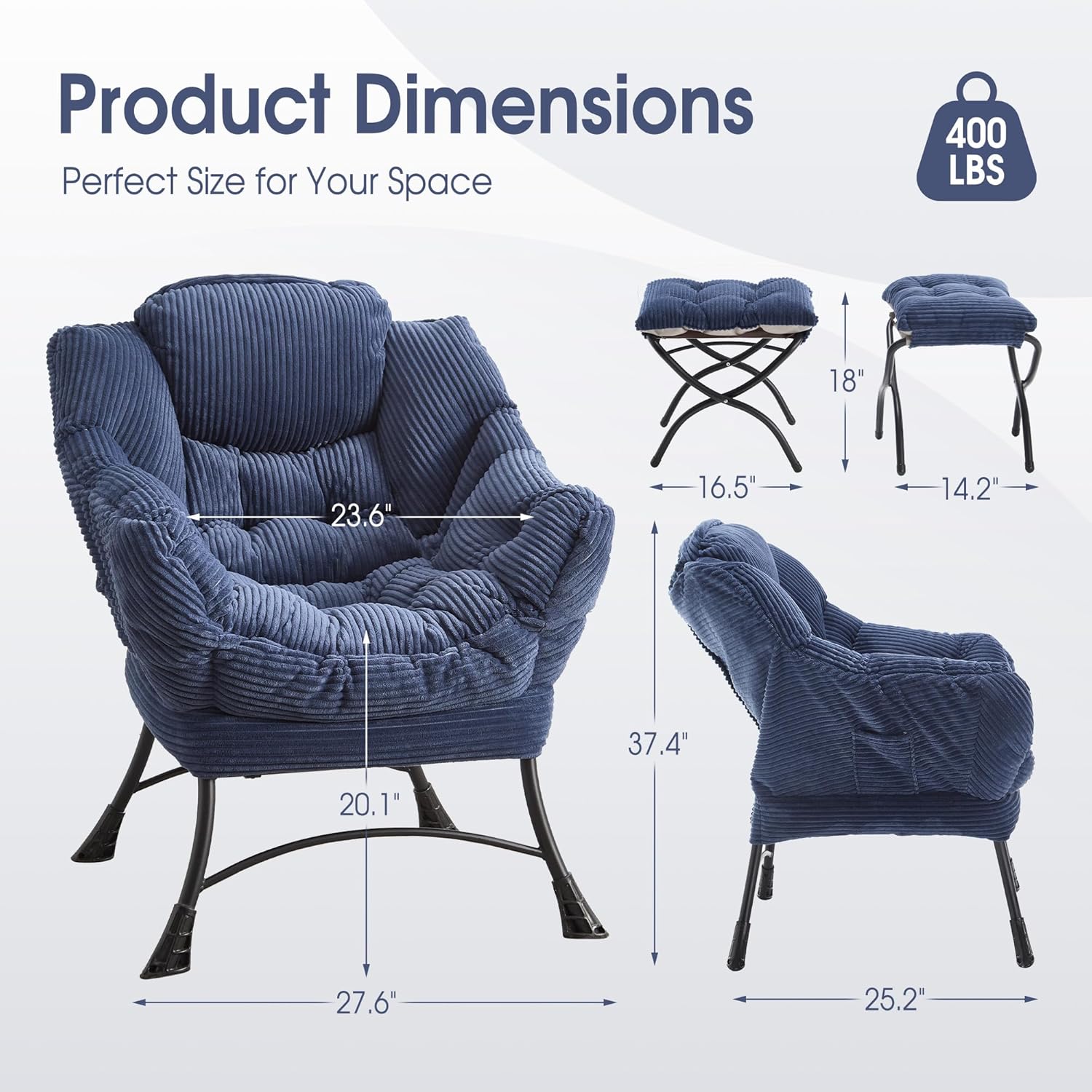Lazy Chair with Ottoman, Comfy Lounge Chair for Reading, Relaxing, and Napping, Perfect for Living Room, Bedroom, or Office, Navy