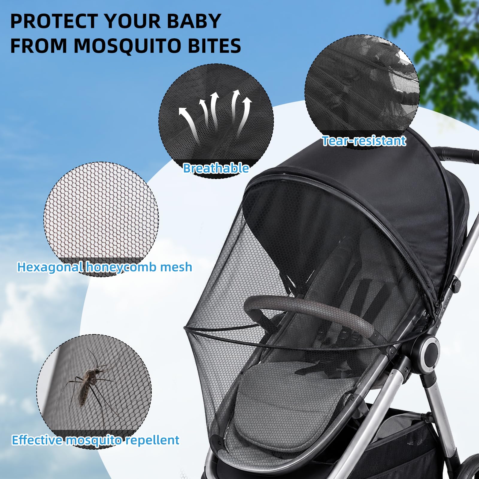 LPZMPZ Moskitonetz Kinderwagen mit Sonnensegel, Insektenschutz Fliegennetz 2-In-1 Sonnenschutz für Kinderwagen & Buggy Universal UV Schutz 50, Mückenschutz Fliegengitter Kinderwagen Schwarz