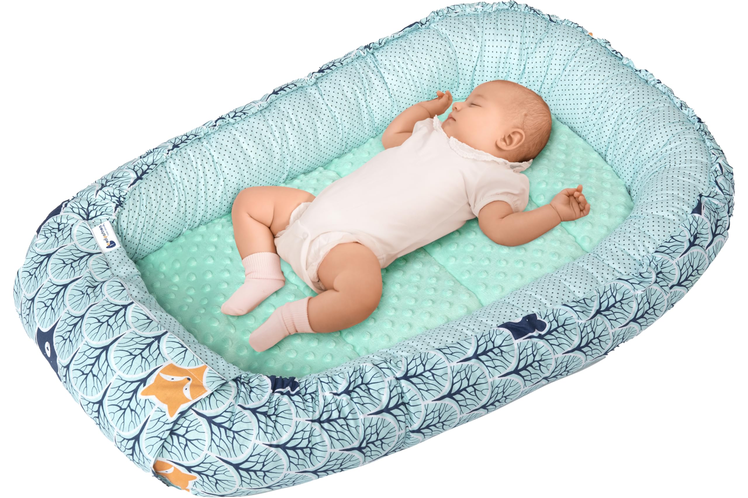 Medi Partners Baby Nest Pod for Newborn Babynest Sleep Bed - 100x60x15 Lounger Essentials 0-12 Months sleeping bilateral Cocoon 100% Cotton (Forest with mint Plush)