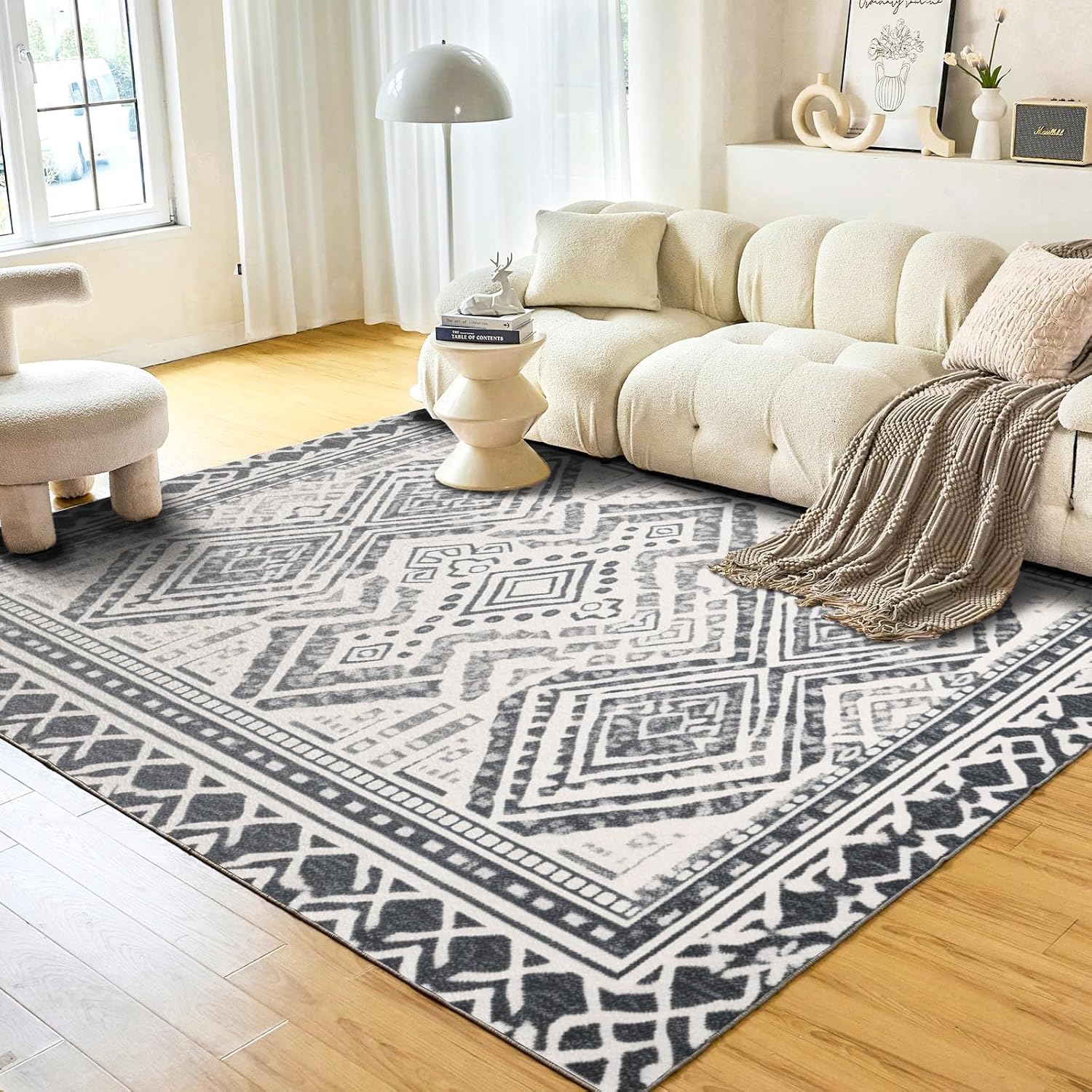 Area Rug 6 x 9 Feet / 180x270 cm Rugs for Bedroom Living Room, Super Soft and Comfy Carpet, Cute Carpets for Kids Nursery Boys Girls Home Gray Blue Boho Geometric Pattern