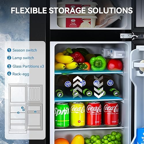 Miniatura 5 de Refrigerador de 4.0 pies cúbicos con congelador, refrigerador de doble puerta con termostato de 6 niveles, luz LED, estantes de vidrio ajustables