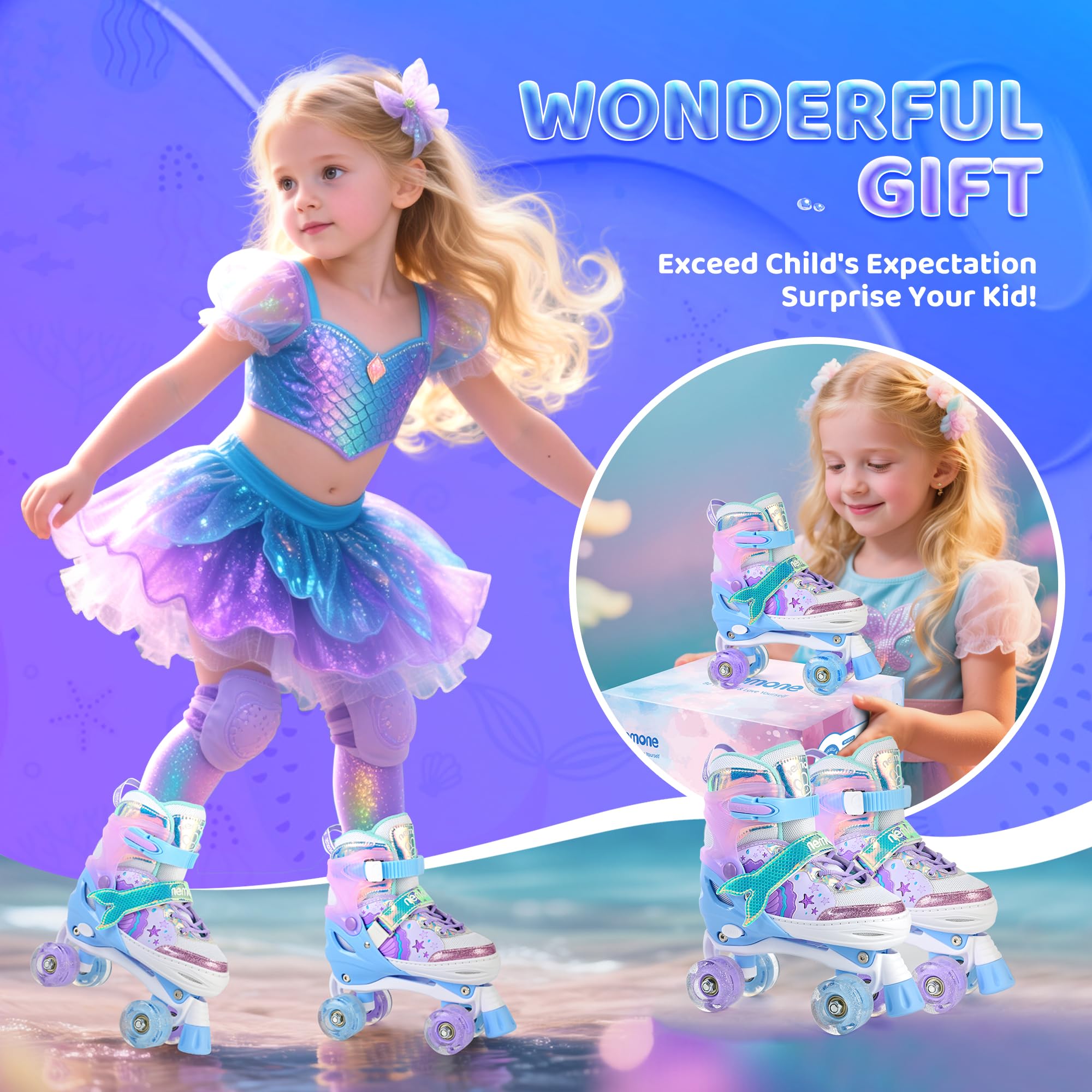 NEMONE Mermaid 4 Size Adjustable Light up Roller Skates for Girls, Purple Blue Skates for Toddlers, Beginner Kids Butterfly Roller Skates Indoor Outdoor