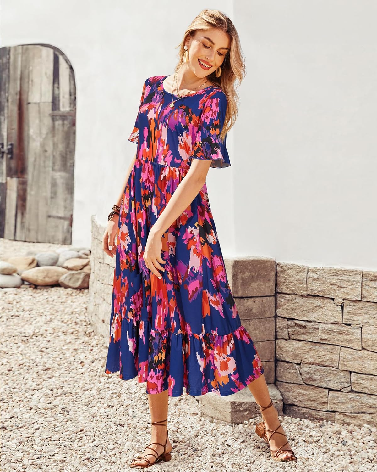 STYLEWORD Women's Summer 2026 Casual Short Sleeve Tiered Flowy Spring Dress Long Midi Beach Sundress Vacation Outfits - Image 3