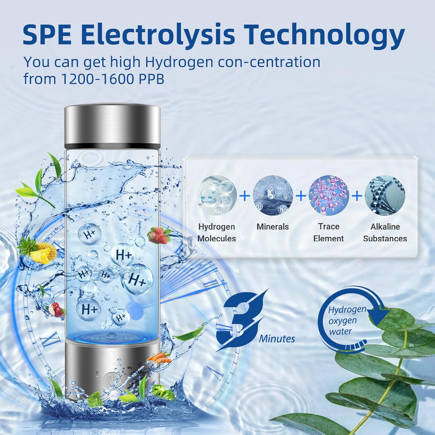 Hydrogen Water Bottle, Portable Rechargeable Hydrogen Water, Rapid Electrolysis with SPE/PEM Technology, for Home Office Travel Office School Fitness use