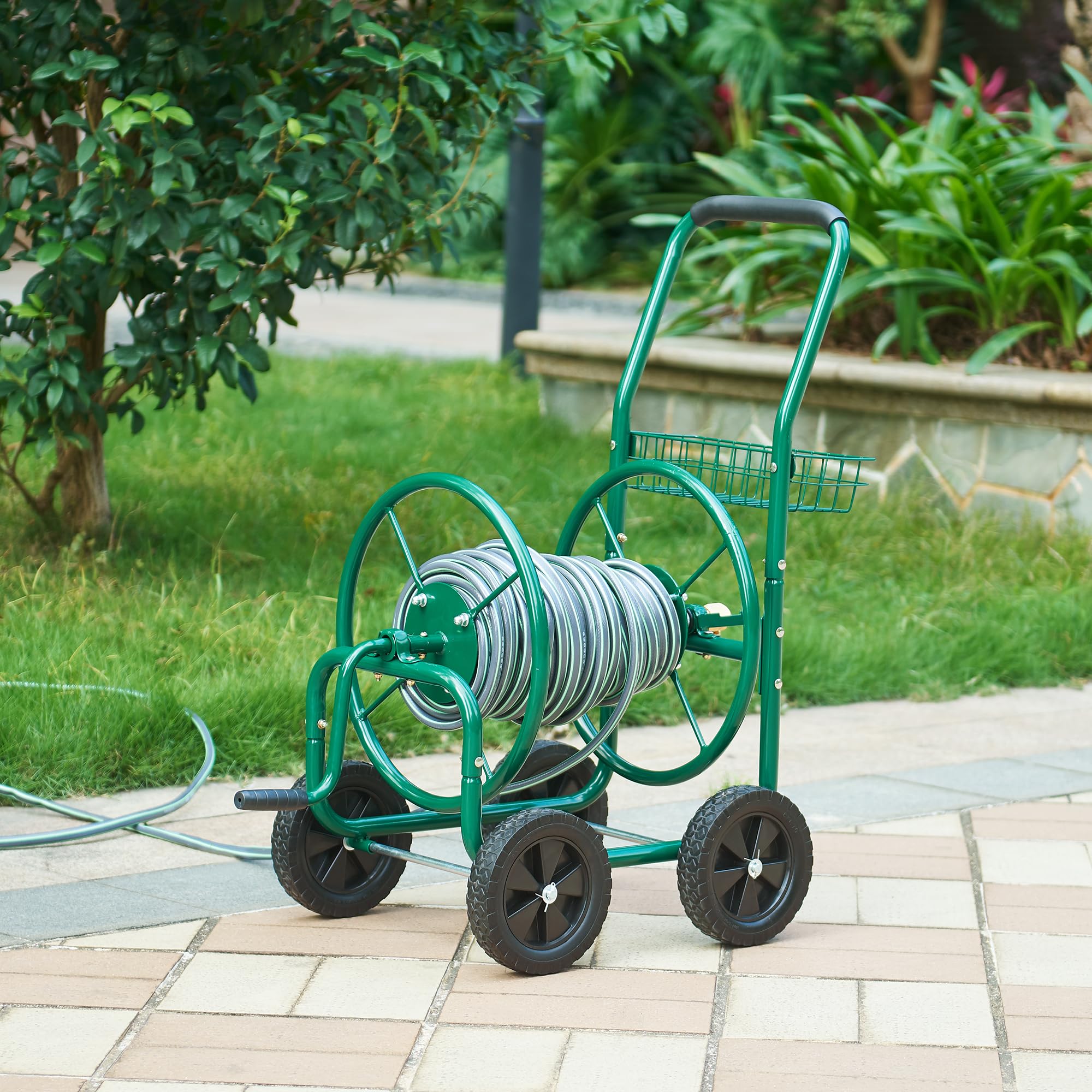 pro.tec Schlauchwagen Pescaza für 3/4 Zoll Schlauch bis zu 70 m Metall Gartenschlauchwagen ohne Schlauch Schlauchtrommel mit Reifen rollbar Schlauchaufroller mit Handkurbel 86 x 44 x 95 cm Grün