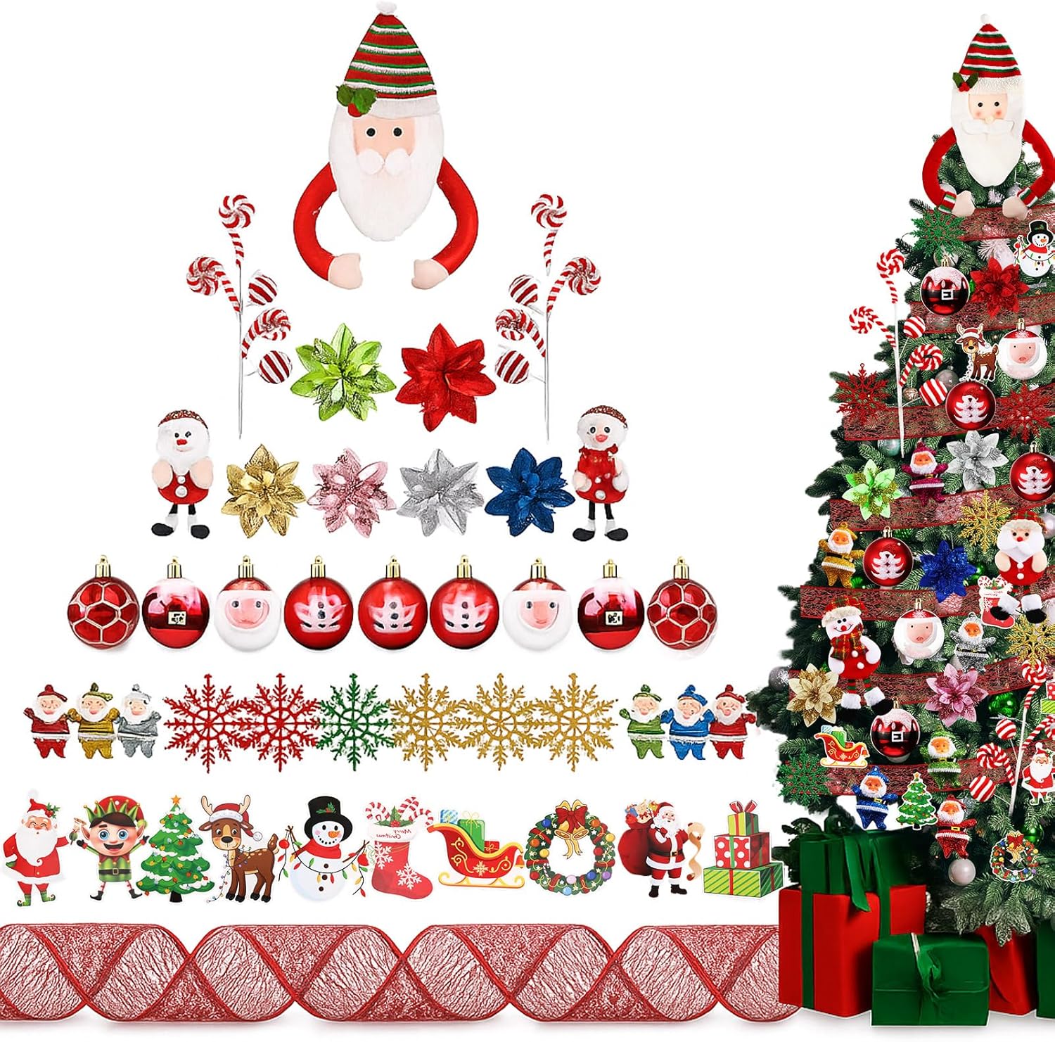 43 Pcs Santa Claus Christmas Tree Decorations Sets Santa Tree Hanging Ornaments Ribbon Santa's Claus Christmas Flowers Ball Snowflakes Hanging Ornaments for Holiday Party Decor Christmas Style
