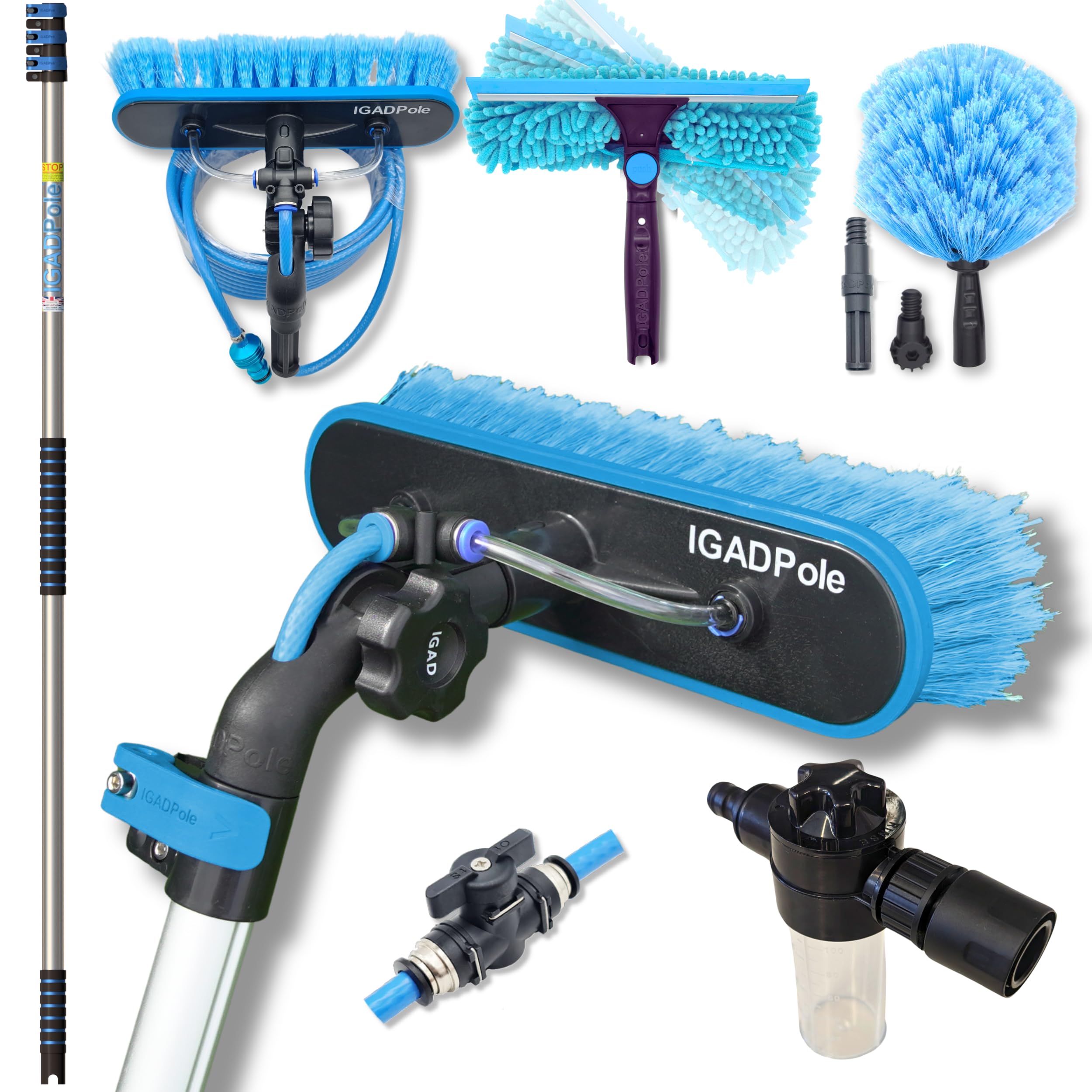 18ft IGADPole Washing Kit: Water-fed Brush, Cobweb Duster and 10” Squeegee and Soap Dispenser, with 3-Stage Telescoping Pole 5-12ft Pole