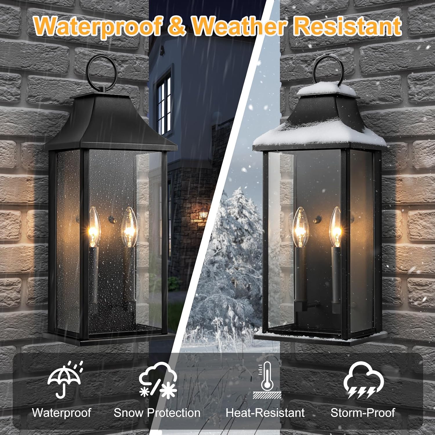 Outdoor Wall Lights, Dusk to Dawn Waterproof Outside Wall Sconce, Large Modern Wall Fixture with Glass, Exterior Lamp for House, Porch, Garage, 2-Light (20.6 Inch, Black)