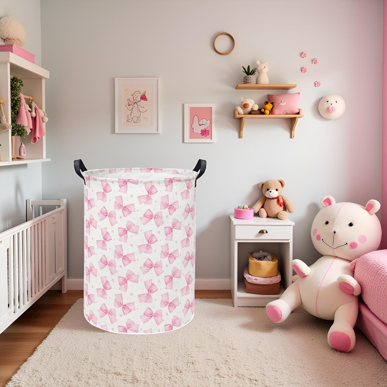 Baby Laundry Hamper kids laundry Basket Waterproof Storage Bin for Bedroom Toy Clothes Organizer Basket Woodland Animals Room Décor(Pink Bowknot) - Image 6