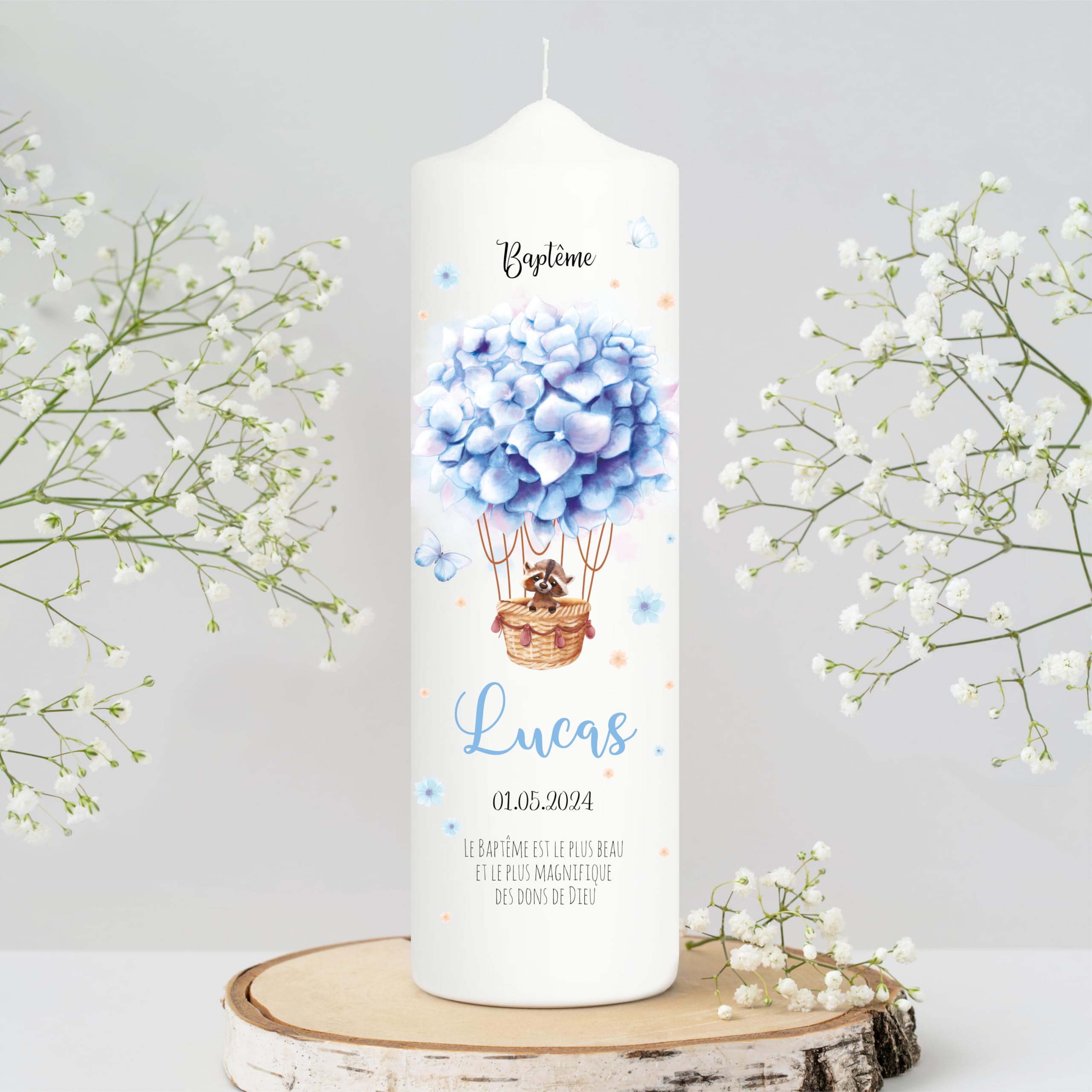 Bougie De Baptême Personnalisée Fille – Motif Montgolfière Fleurs Roses – 25x7 Cm – Fabriquée En Allemagne