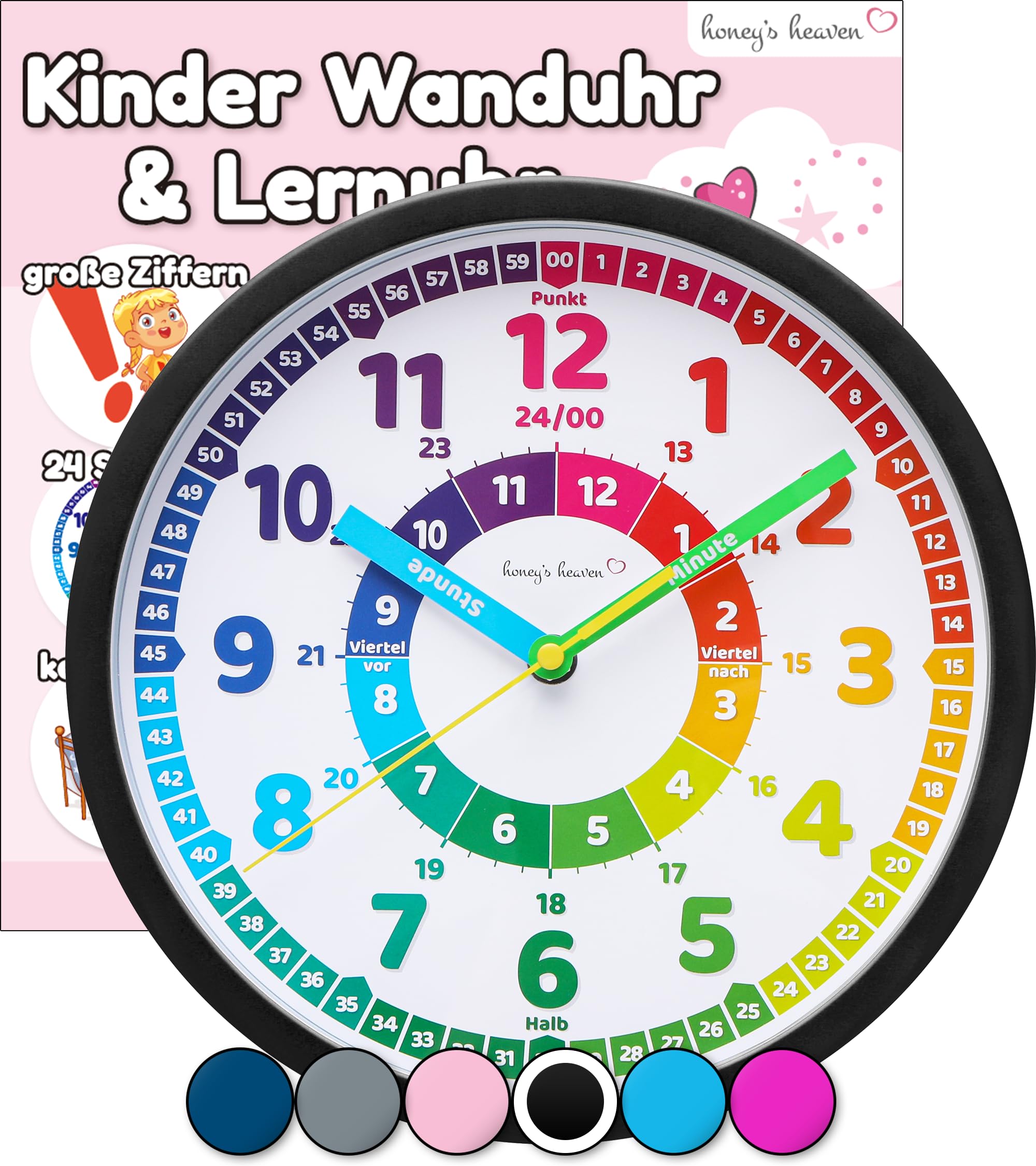 Honey's Heaven Wanduhr für Kinder - Lernuhr zum Lernen der Uhrzeit - analoge Kinderuhr ohne Tick Geräusche, mit lautlosem Uhrwerk - Kinderzimmer Deko für Jungen und Mädchen (schwarz)