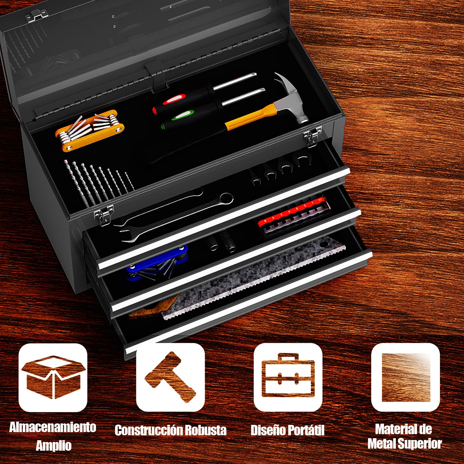 COSTWAY Caja de Herramientas de Metal Portátil, Maletín de Herramientas con 3 Cajones y Bandeja de Almacenamiento Superior, Caja Herramientas con Sistema de Doble Pestillo y Asa (Negro)