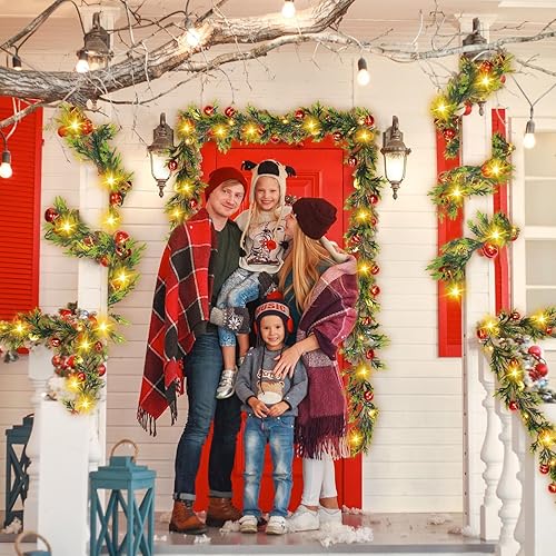 Miniatura 10 de Ganeen 2 guirnaldas de Navidad preiluminadas con luces, 12 pies, 20 bolas de Navidad con luces LED, funciona con pilas, con 8 modos de temporizador