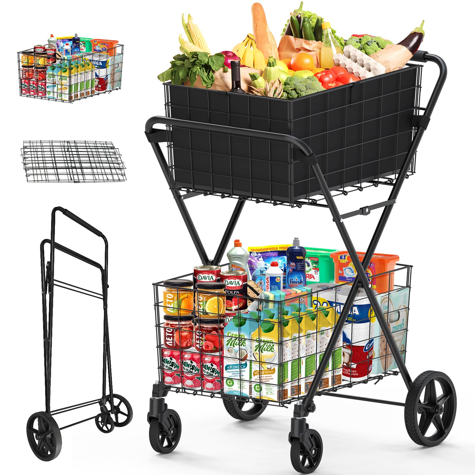 Shopping Cart Folding Heavy Duty Grocery Cart With Wheels, Easy