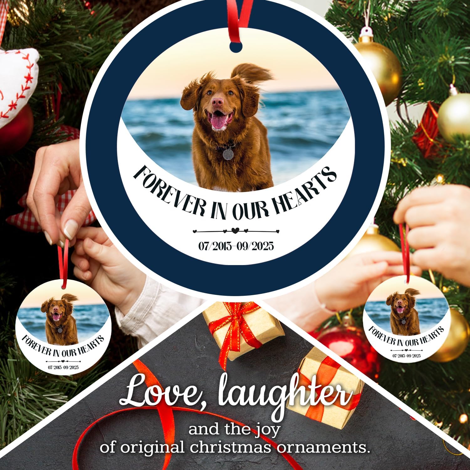 Customized Dog Memorial Ornament, Personalized Dog Christmas Ornament Text and Photo for Cat and Pets Decor, Velvet Pouch Included, Large 3.75" Round