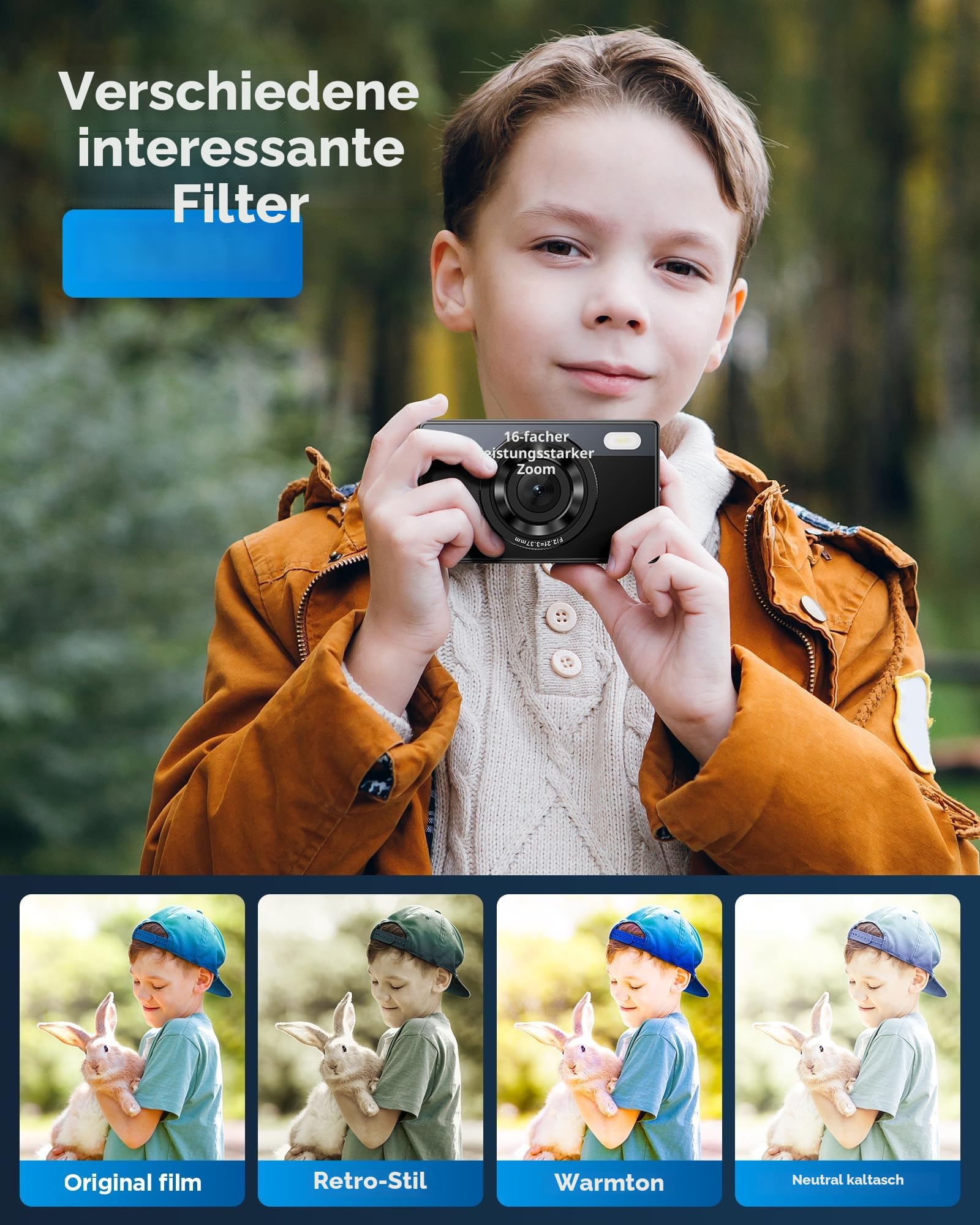 64GB Digitalkamera Kinder Fotokamera: 48MP Anti-Shake Kinderkamera Foto, Vlogging Fotoapparat für YouTube 16X Digital Zoom Appareil Foto Serienaufnahme Selfie Kompaktkamera für Fotografie