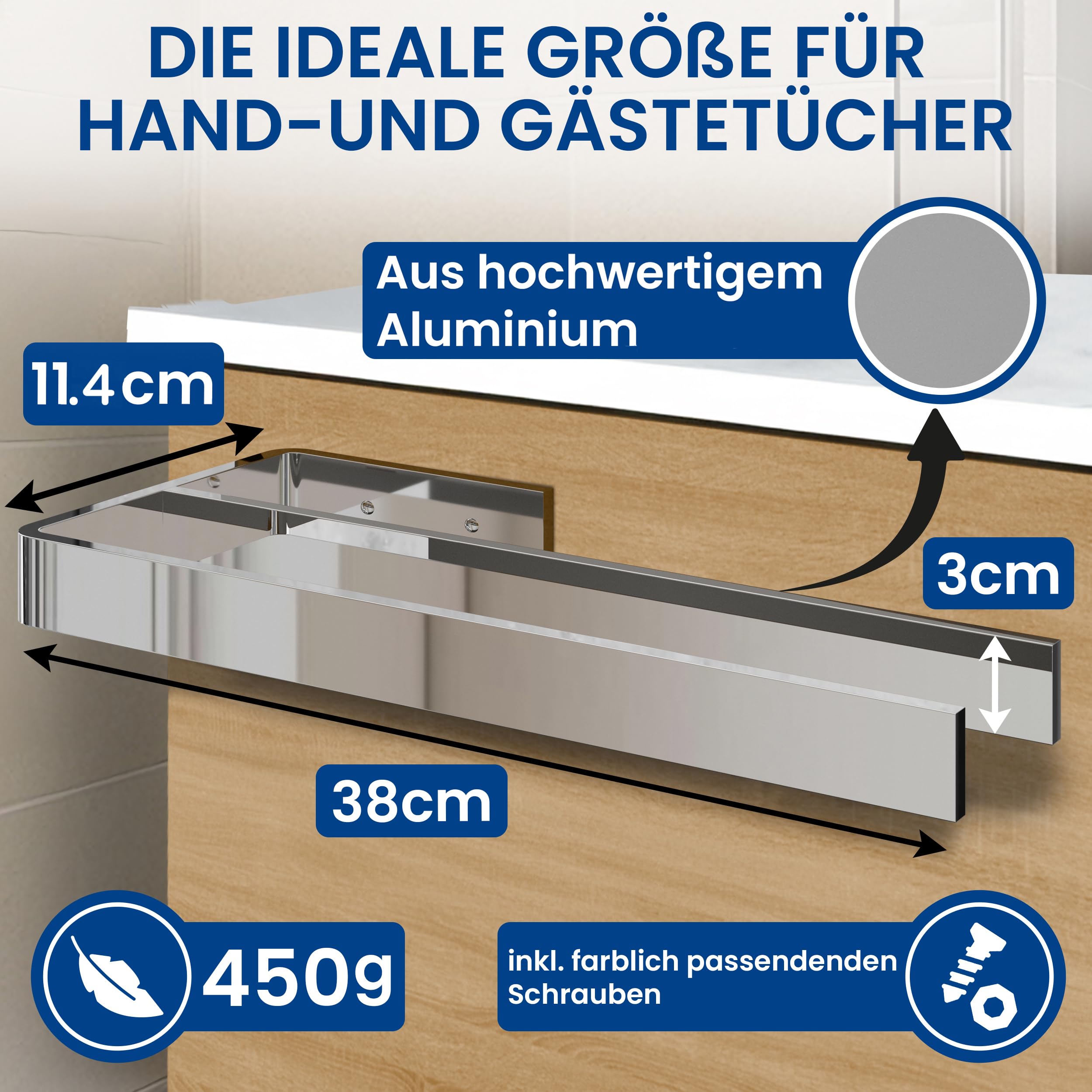 rtmr Handtuchhalter Schrankmontage, zum Bohren, 2-armig, Chrom, Premium Gästehandtuchhalter aus Aluminium, 38 cm, Handtuchstange, platzsparend, Ideal für Bad & Gäste-WC