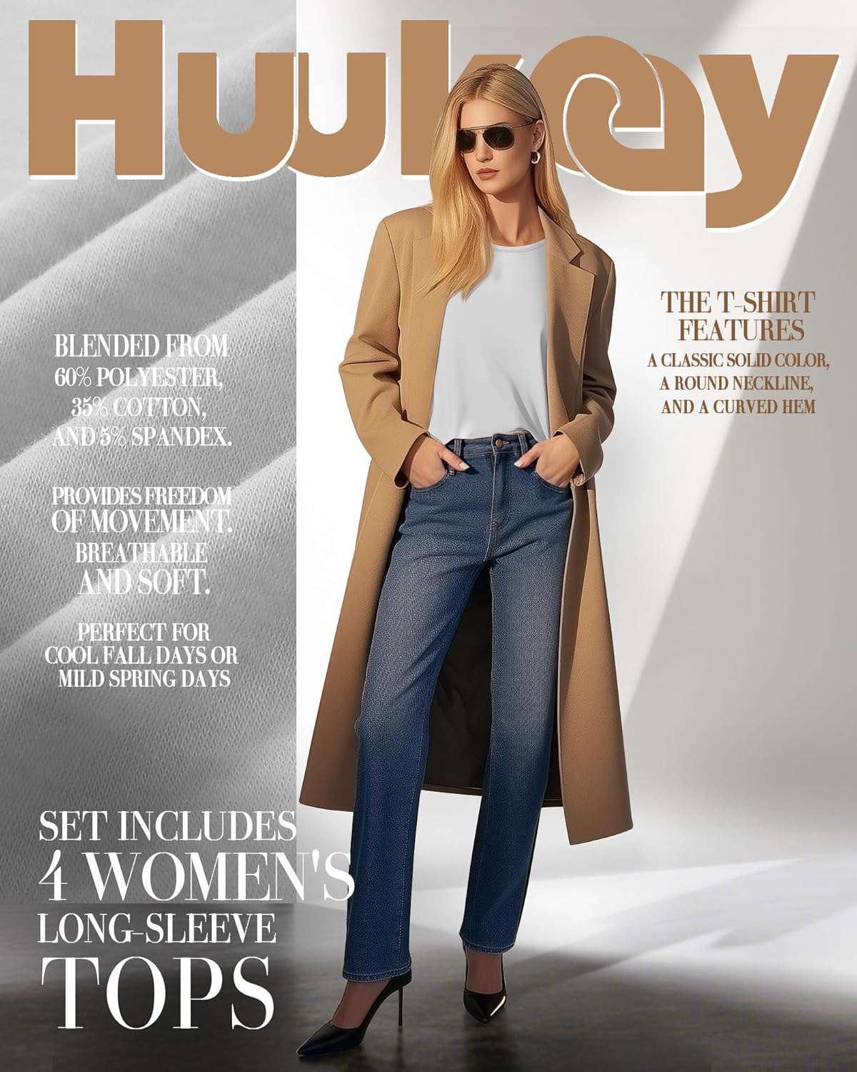 Huukeay 4 Pack Womens Long Sleeve Shirts Loose Fit Tunic Tops Crew Neck Curved Hem Basic Casual Layering Shirts - Image 2