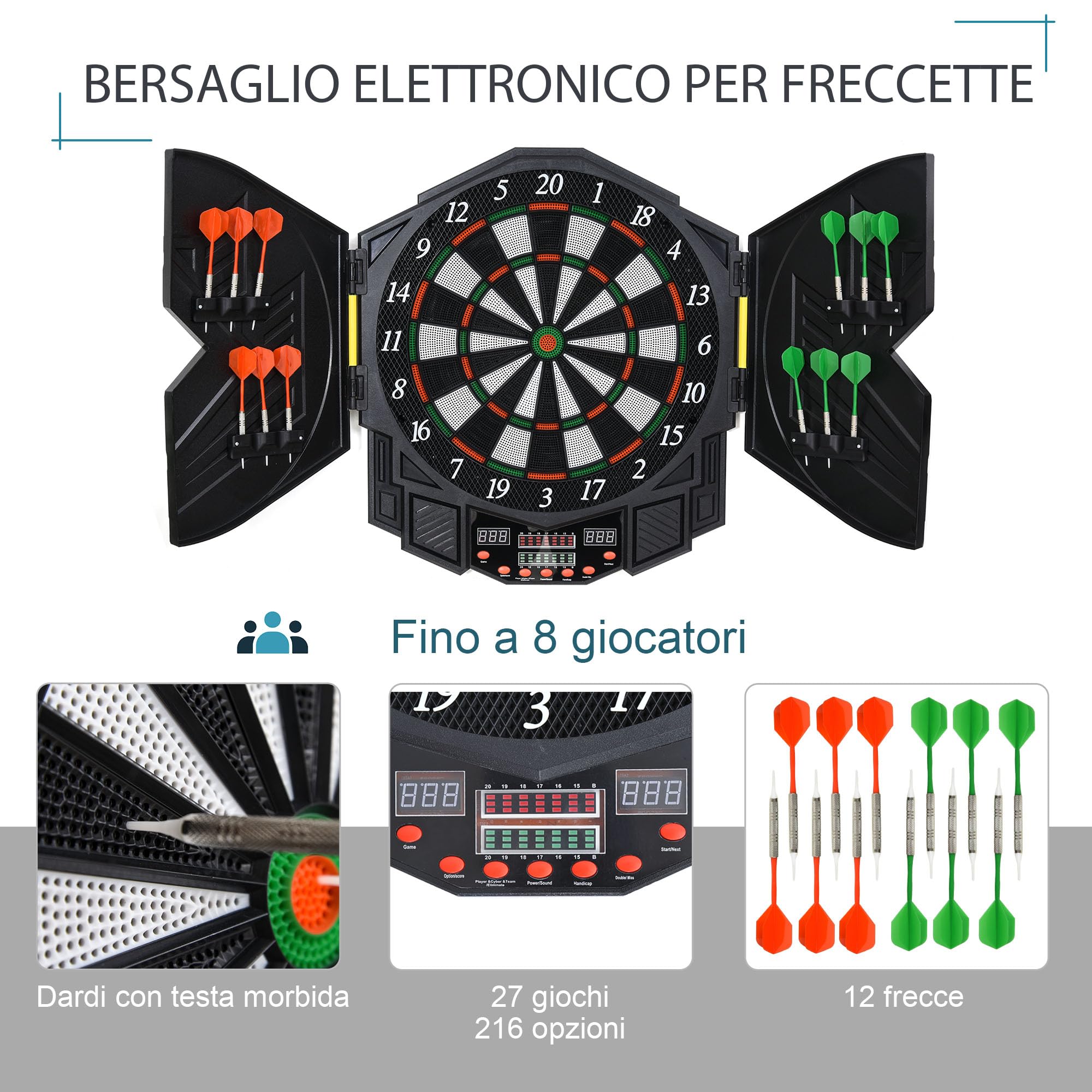 Homcom Bersaglio Elettronico Digitale 12 Freccette 8 Giocatori 27 Giochi 216 Varianti