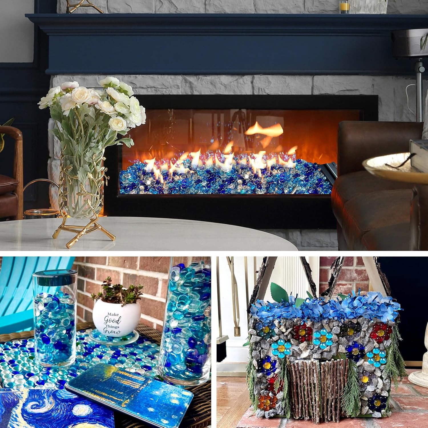 20 Pounds Mixed-Color Fire Glass Beads 3/4 Inch Firepit Gems for Fire Pit Table, Fireplaces, Fire Bowl, Garden Landscaping & DIY Crafts (Cobalt Blue, Oceanic Blue, Crystal Clear)​​