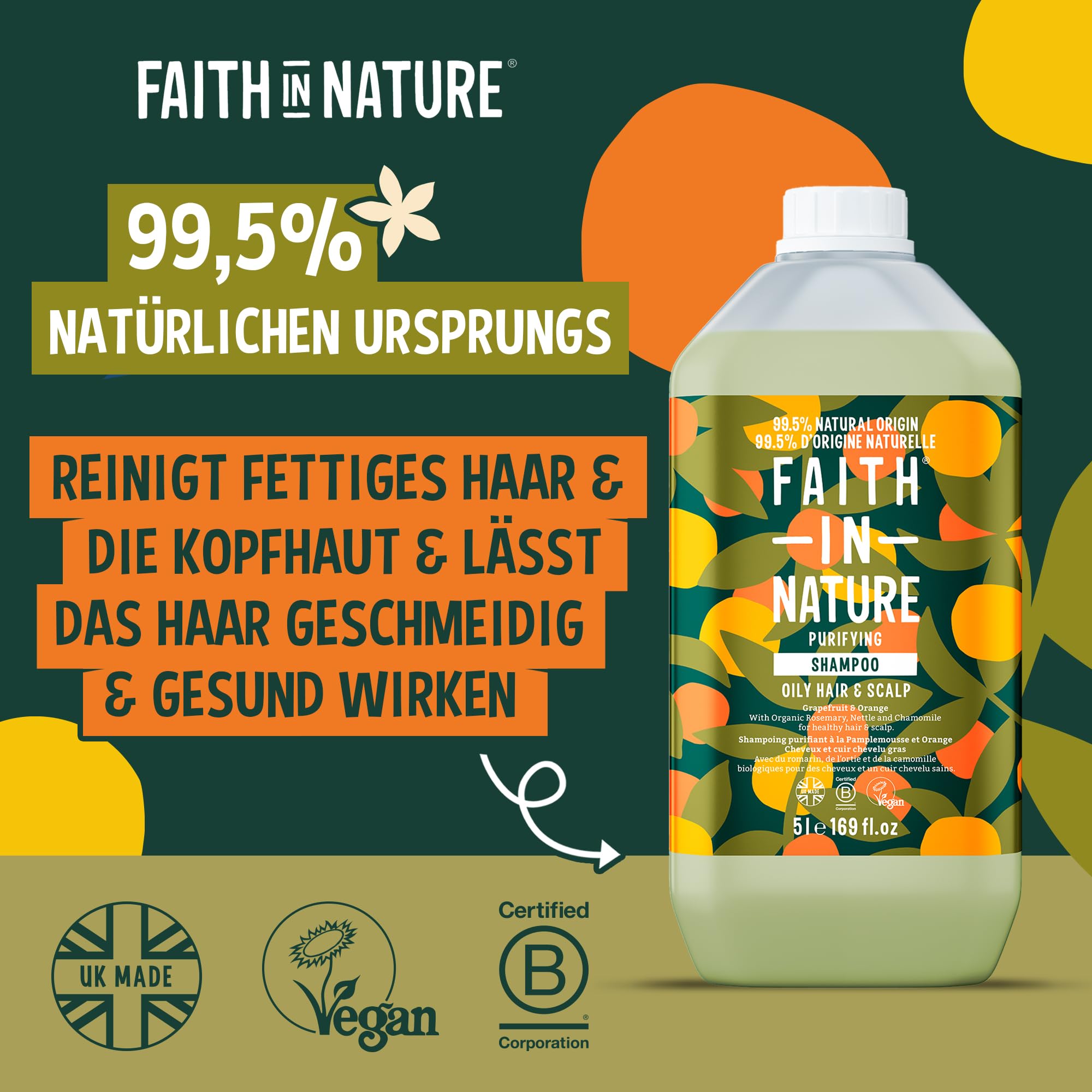 Faith In Nature Natural Grapefruit & Orange Shampoo, reinigend für fettiges Haar & Kopfhaut, vegan & tierversuchsfrei, ohne SLS, Silikone oder Parabene, 5L Nachfüllpack