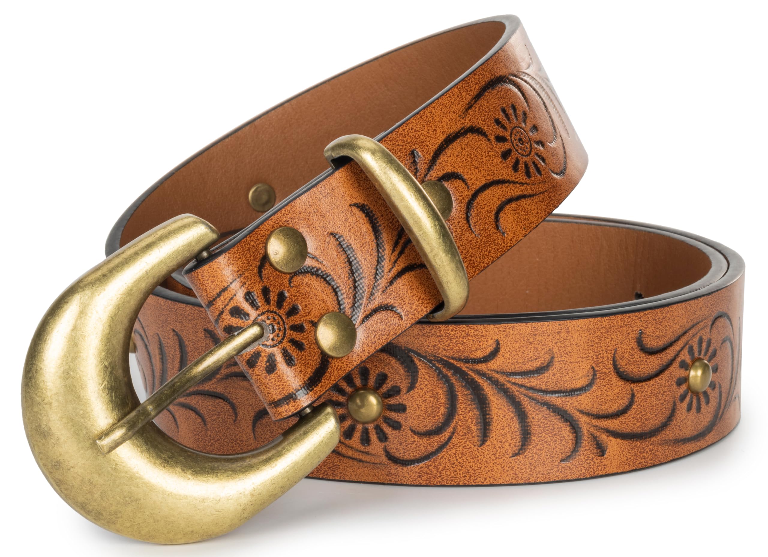 MealahVintage Western-Cowboy-Belt for Women Men - Carved Buckle PU Leather Waist Belts (for Waist 28"-39")