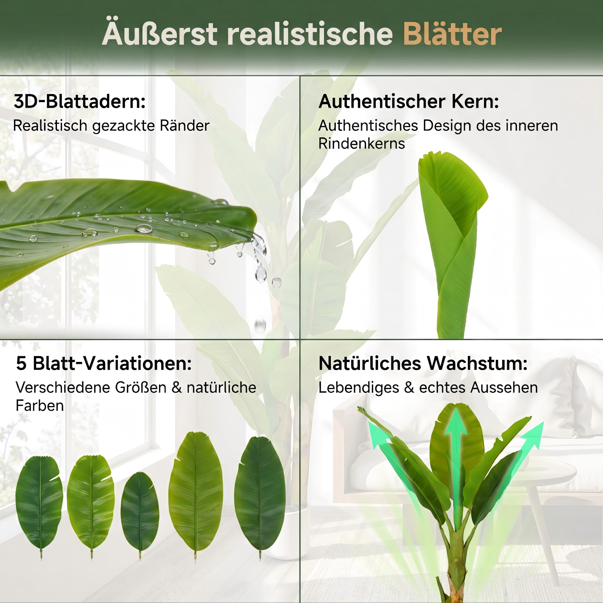 Künstlicher Bananenbaum 180cm groß Künstliche Bananenpalme wie echt Kunstpflanze XL Zimmerpflanze für Wohnzimmer Deko Real-Touch Blätter Großer Kunstbaum Büro Haustierfreundlich Dekopflanze