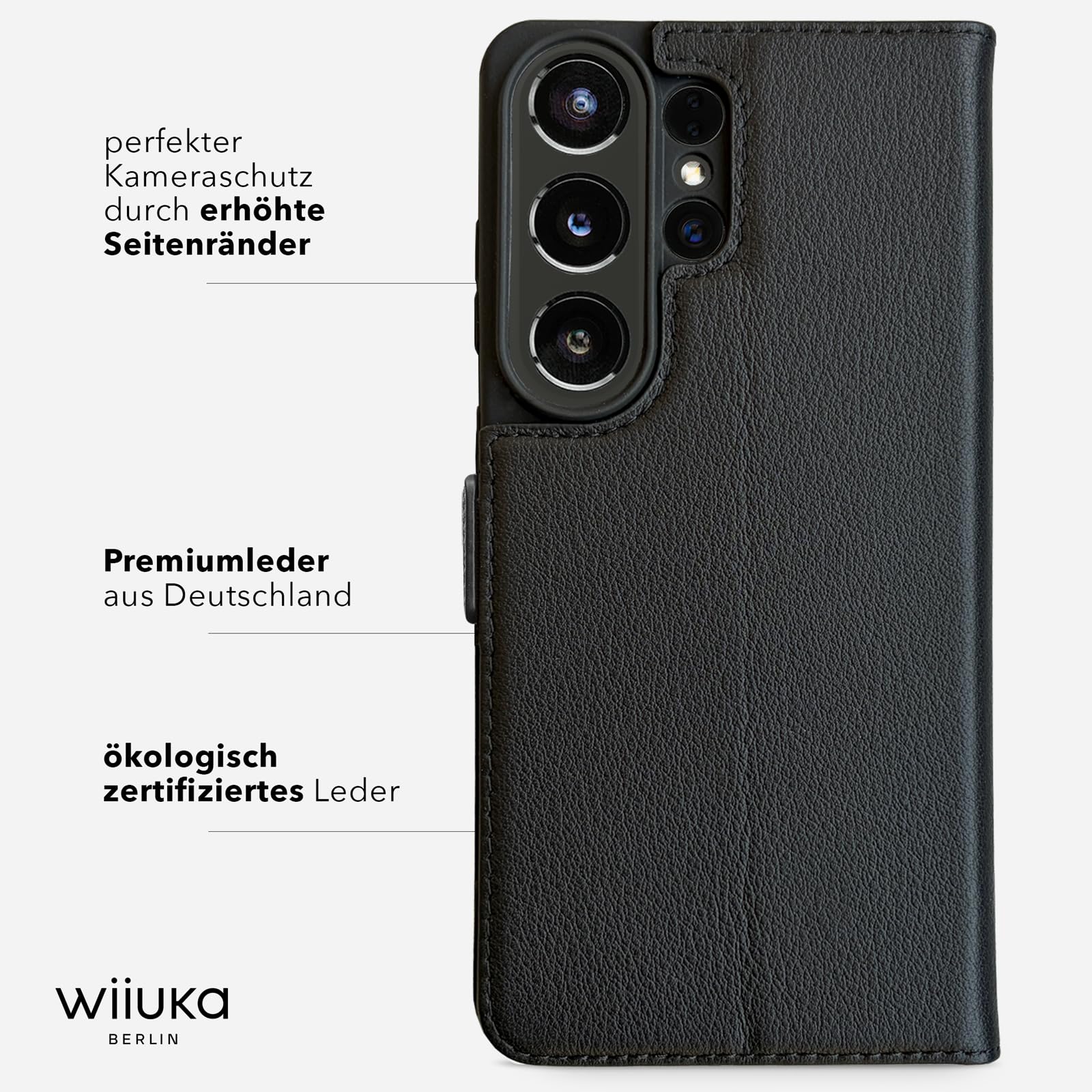 WIIUKA Hülle für Samsung Galaxy S26 Ultra, Leder aus Deutschland, Standfunktion & Kartenfach, Lederhülle extra Dünn, Premium Handyhülle, Klapphülle für Samsung S26 Ultra, suiit Schwarz