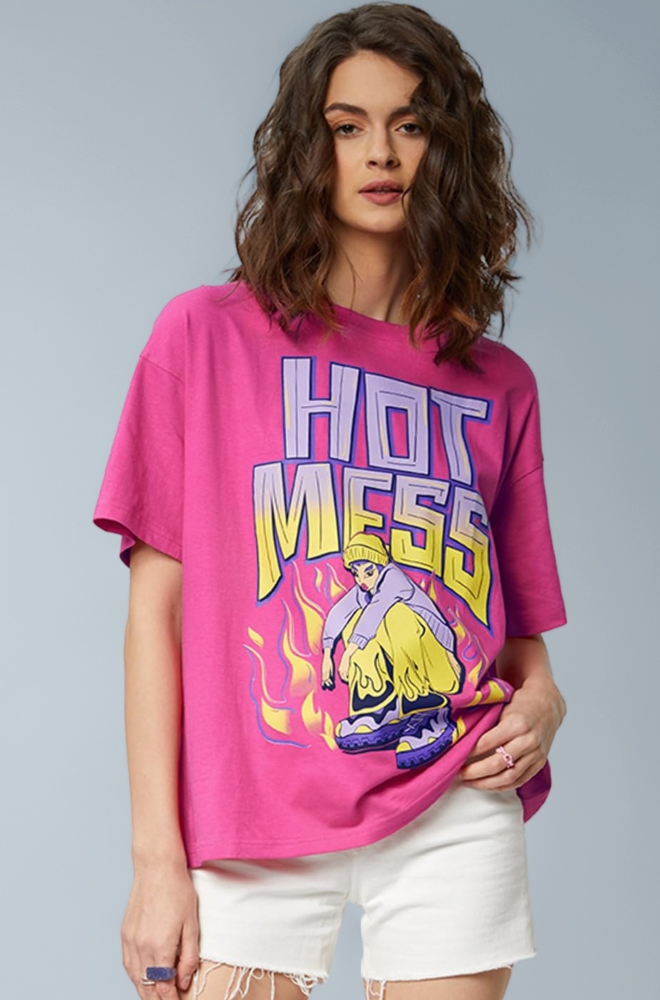 The Souled Store T Shirt for Women Tees TSS Originals: Hot Mess Womens and Girls T-Shirts Oversized Fit Half 100% Cotton Pink Color Women Oversized T-Shirts Pink Oversized T Shirts for Women