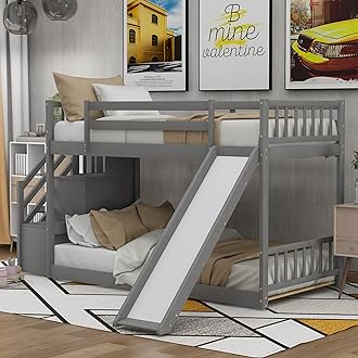 SOFTSEA Twin Over Twin Bunk Bed with Slide & Staircase, Wood Low Bunk Bed with Safety Guardrails & Storage, No Box Spring Needed, Gray