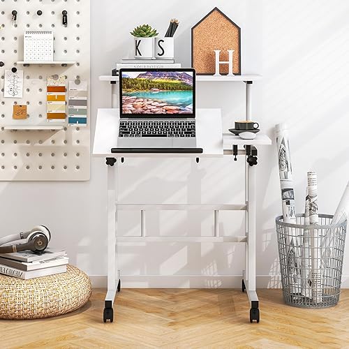 Vista 54 de Giantex Escritorio móvil de pie, escritorio de pie ajustable en altura con ruedas y mesa inclinable, carrito rodante para computadora portátil, Negro