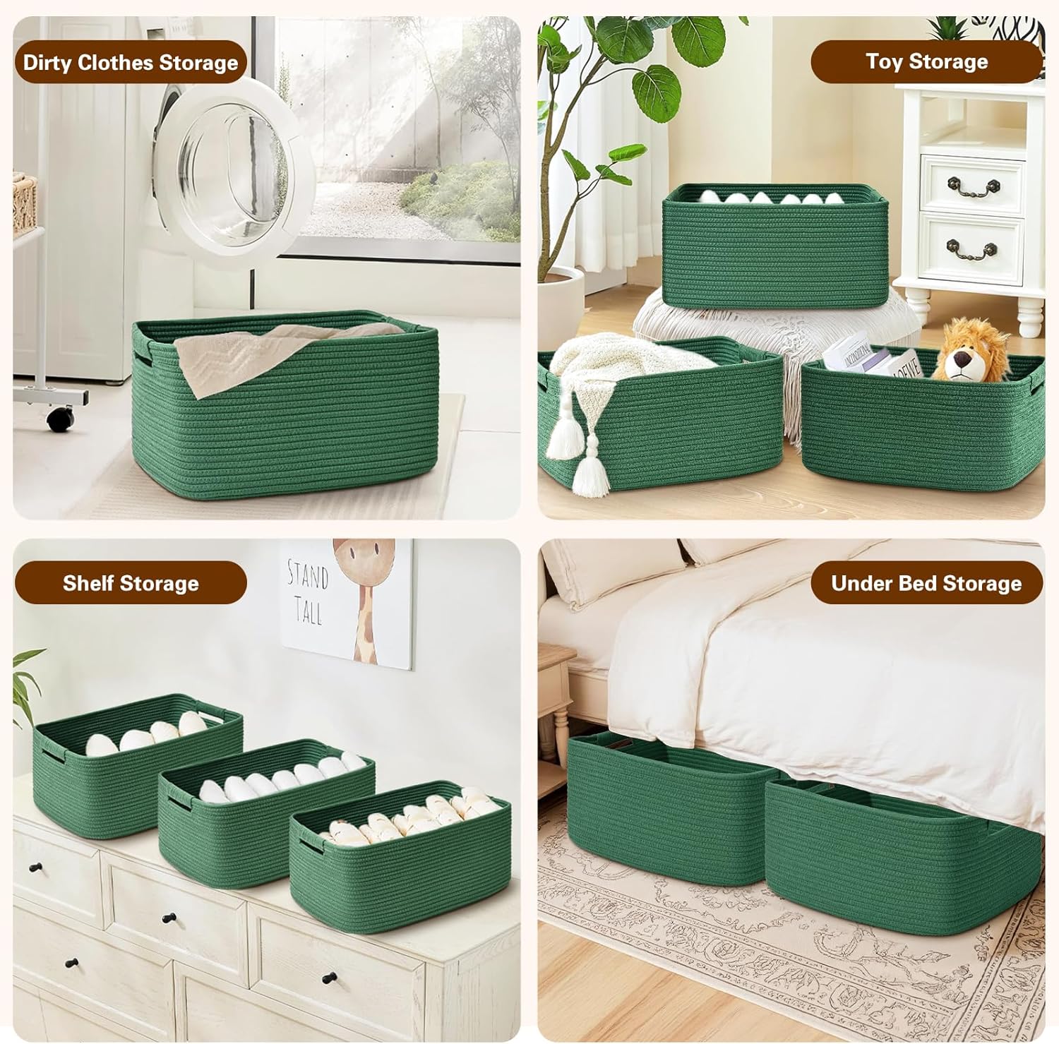 4 Pack Large Storage Basket for Organizing, 17.5"x13"x7" Woven Basket for Shelves, Closet Cube Storage Bins with Wrapped Handle, Cotton Rope Baskets for Kitchen, Clothes, Toys(Green)