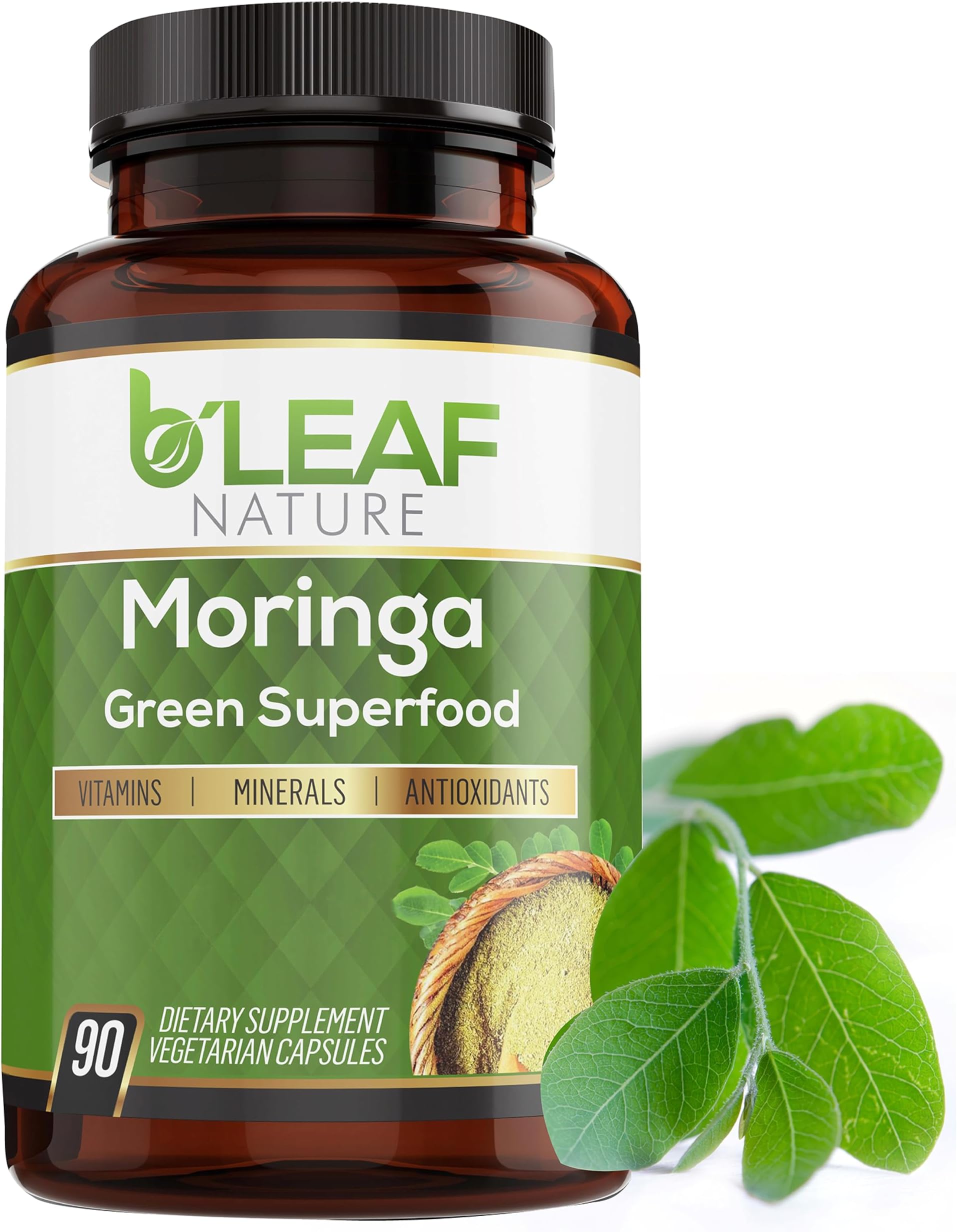B'Leaf Nature Moringa Capsules Organic 1000mg — Pure Moringa Oleifera Leaf Powder Capsules for Energy & Immune Support | Non-GMO Gluten Free Vegan Superfood | 90 Veggie Capsules