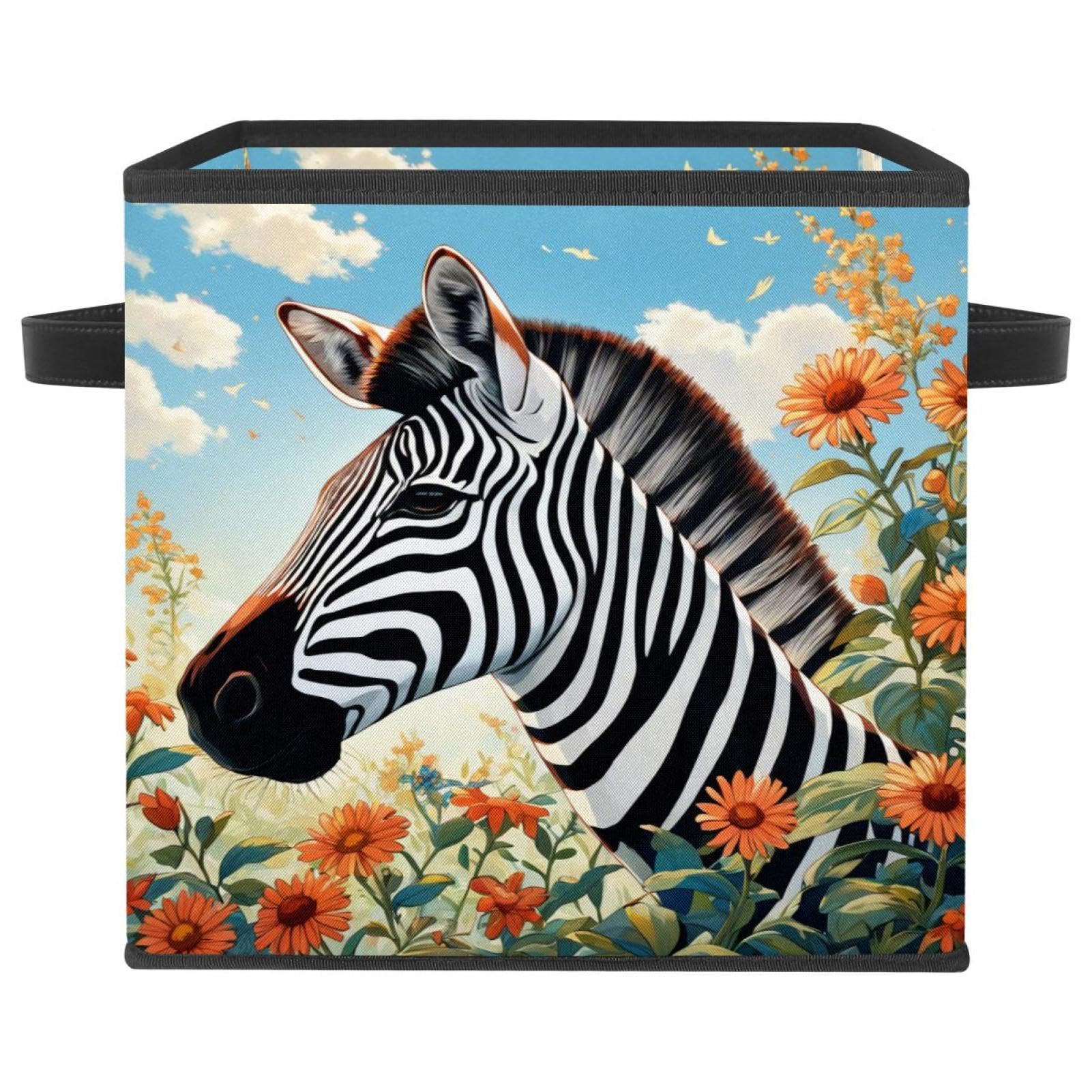 Boîte de rangement pliable zèbre grand cube en tissu avec poignées cuir