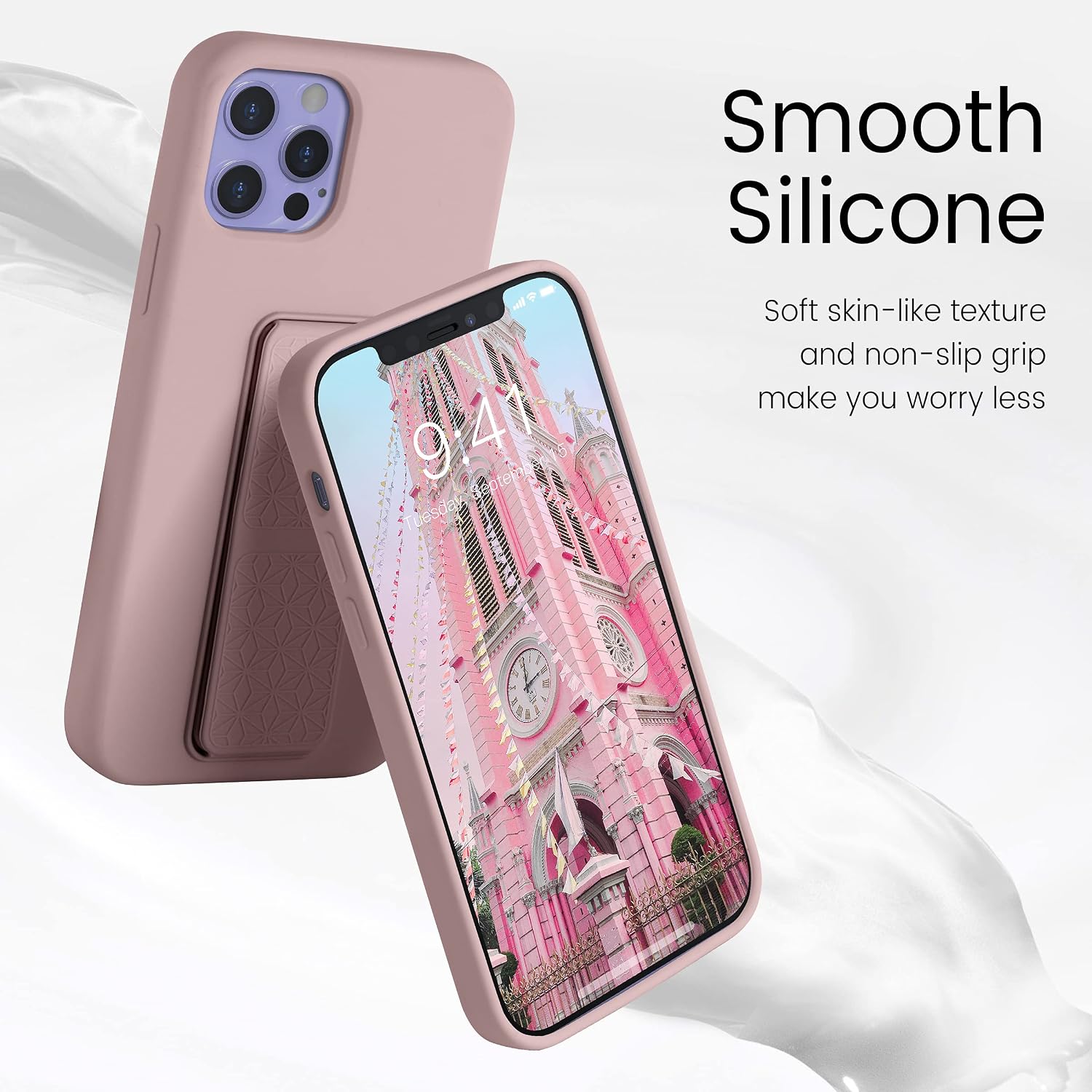 LAUDTEC iPhone 12 Pro Max Case with Kickstand, Vertical/Horizontal Stand Hand Strap Kickstand Liquid Silicone Full-Body Shockproof Protective Case for iPhone 12 Pro Max 6.7'' Pink image 4