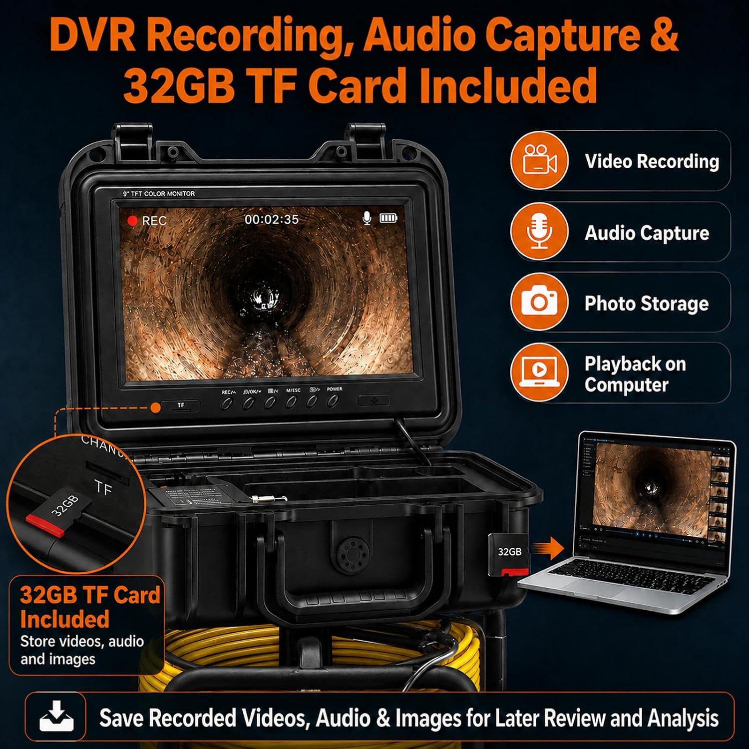 Sewer Camera with 512Hz Locator, 1080P Probe, Self-Leveling, 100FT/30M, 7MM Cable, 9" HD IPS Pipe Inspection Camera with DVR, IP68 Plumbing Snake with 12 LEDs for Home, Duct Drain