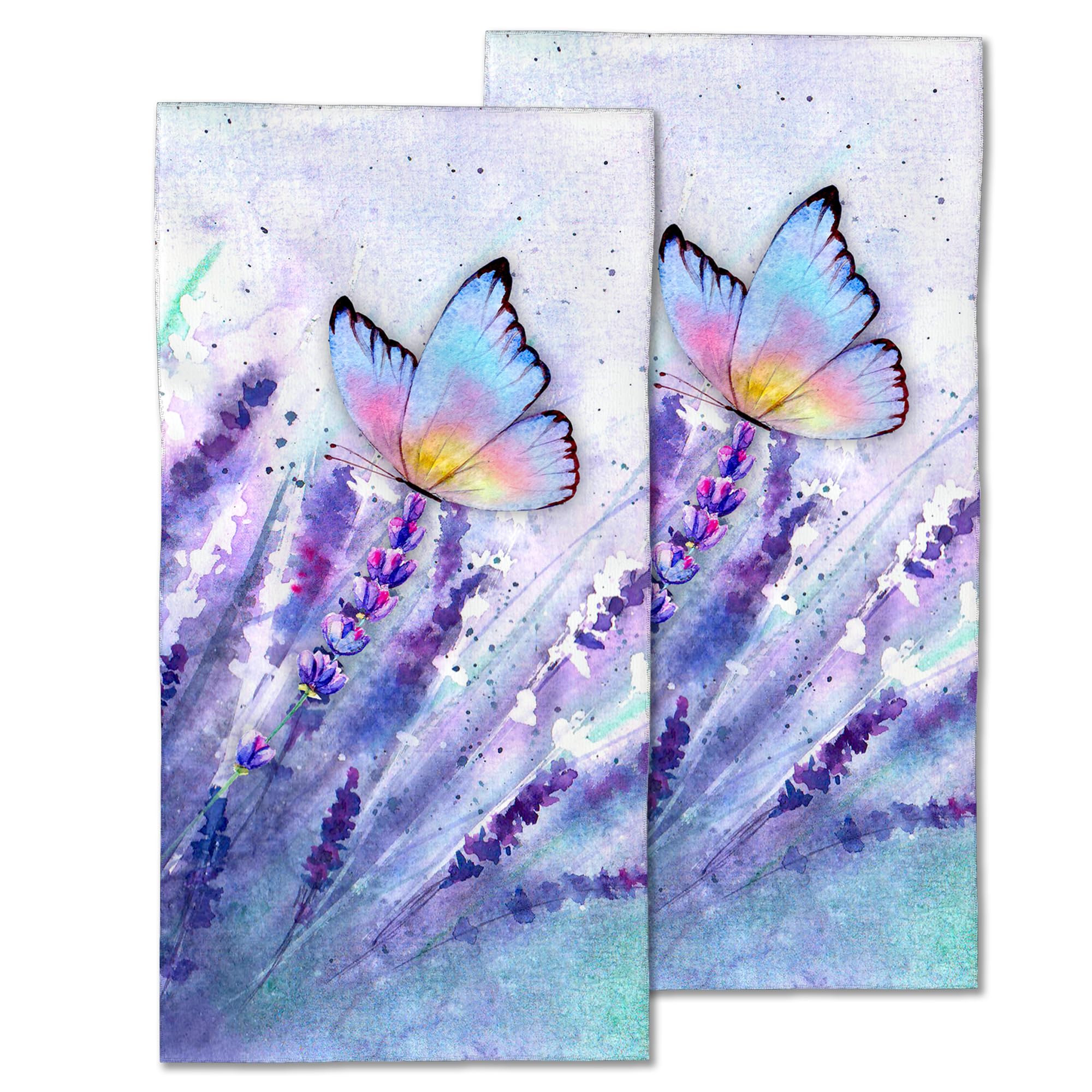 CXULIN 2 Pack Hand Towels for Bath,Watercolor Lavender Butterfly Decorative Towels Highly Absorbent Soft Towels for Bathroom Beach Kitchen Spa Gym
